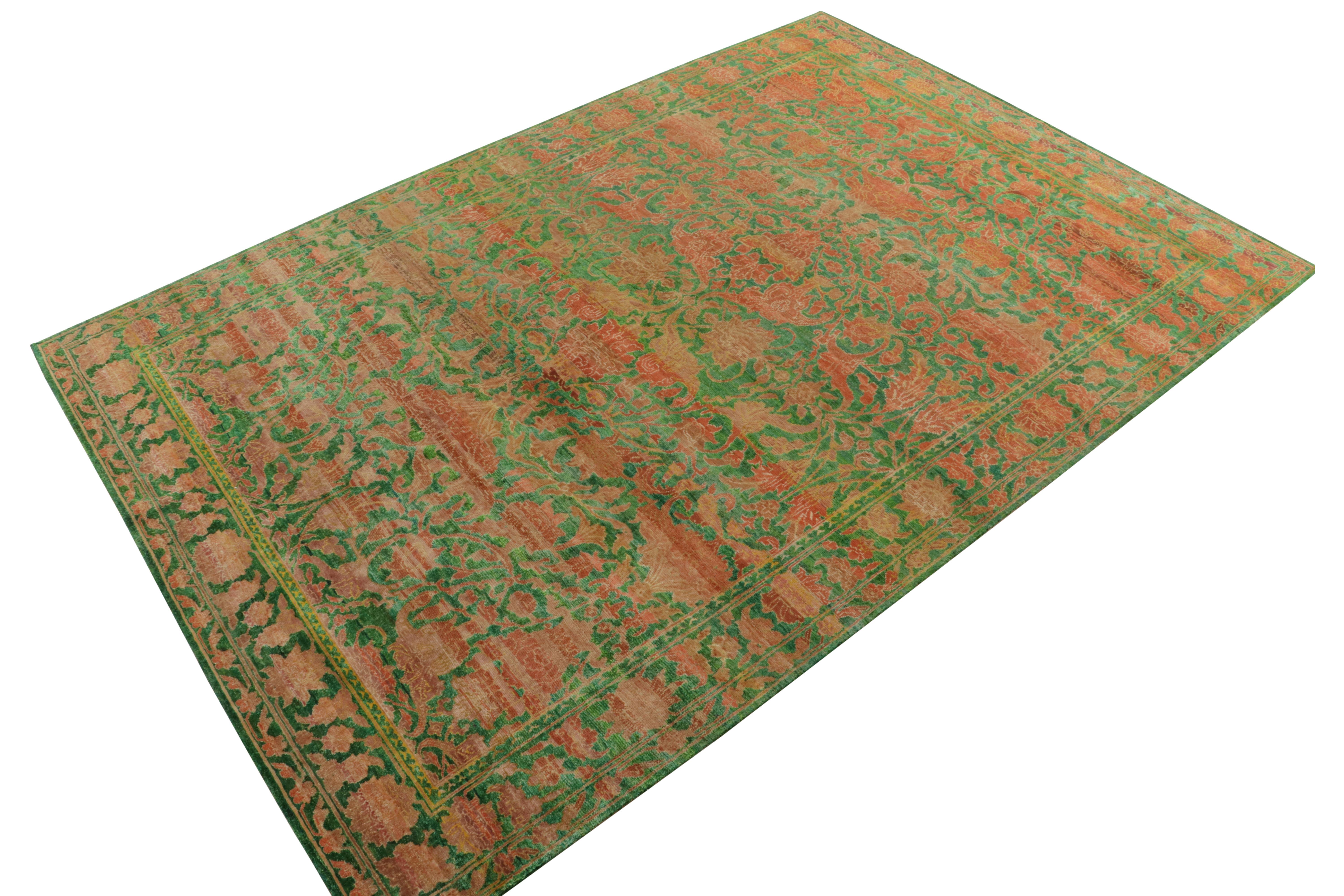Indian Rug & Kilim’s Classic Style Silk Rug in Green, Floral Patterns For Sale