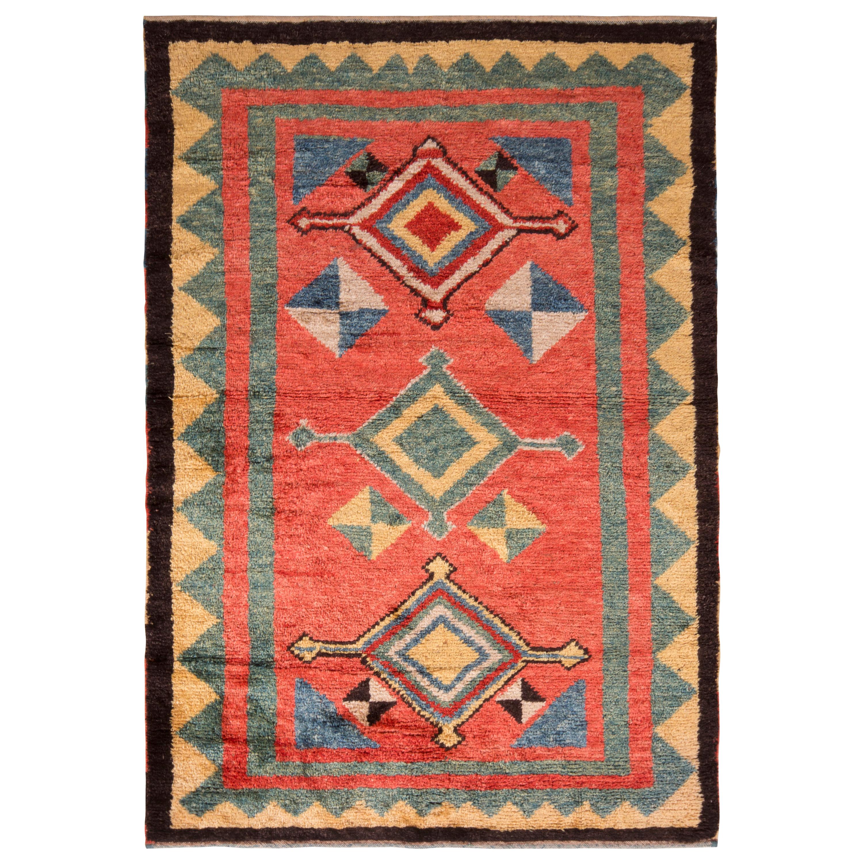 Rug & Kilim's Classic Tulu Style Rug Red Green Medallion Tribal Pattern For Sale