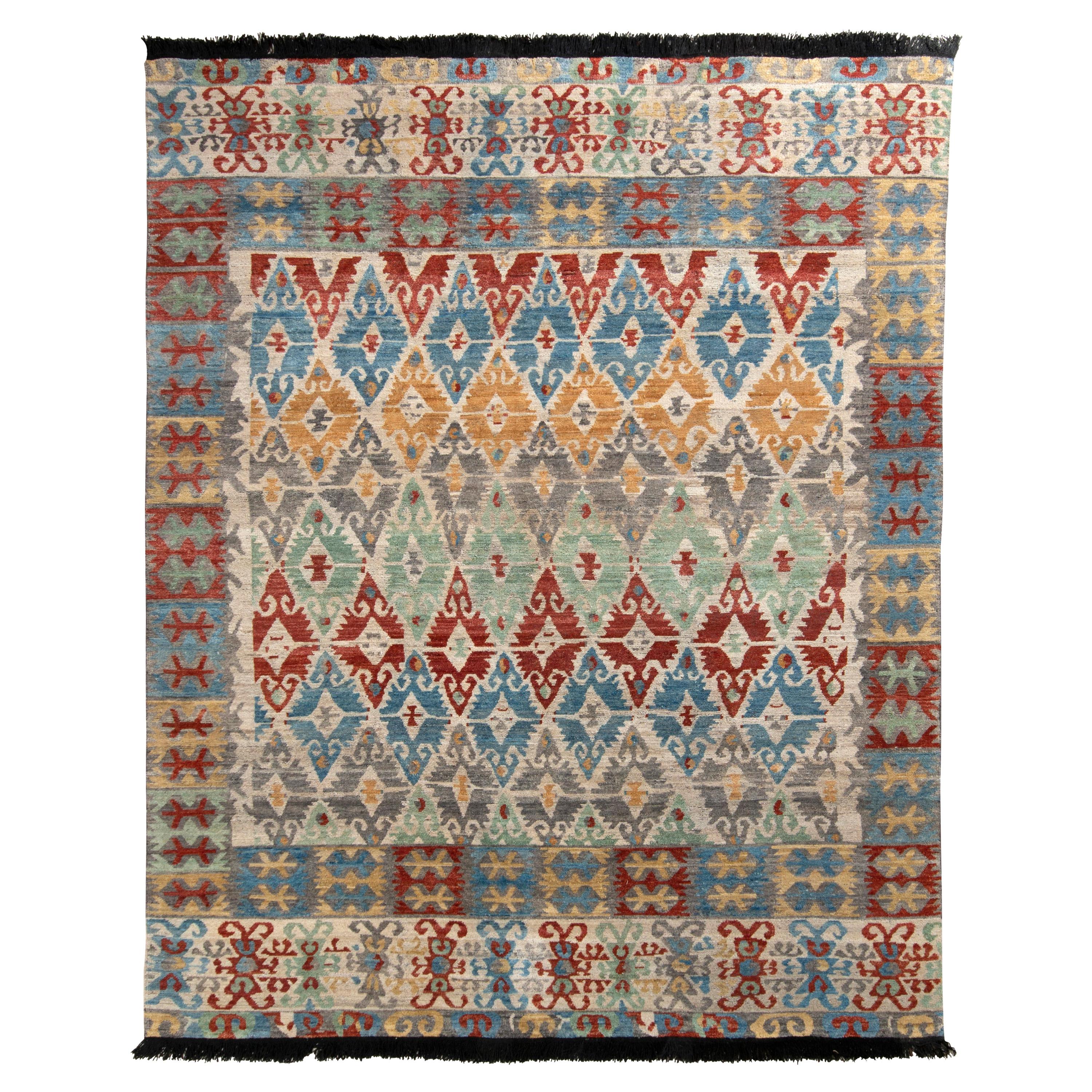 Rug & Kilim’s Classic Turkish Style Custom Rug in Blue-Gray Geometric Pattern For Sale