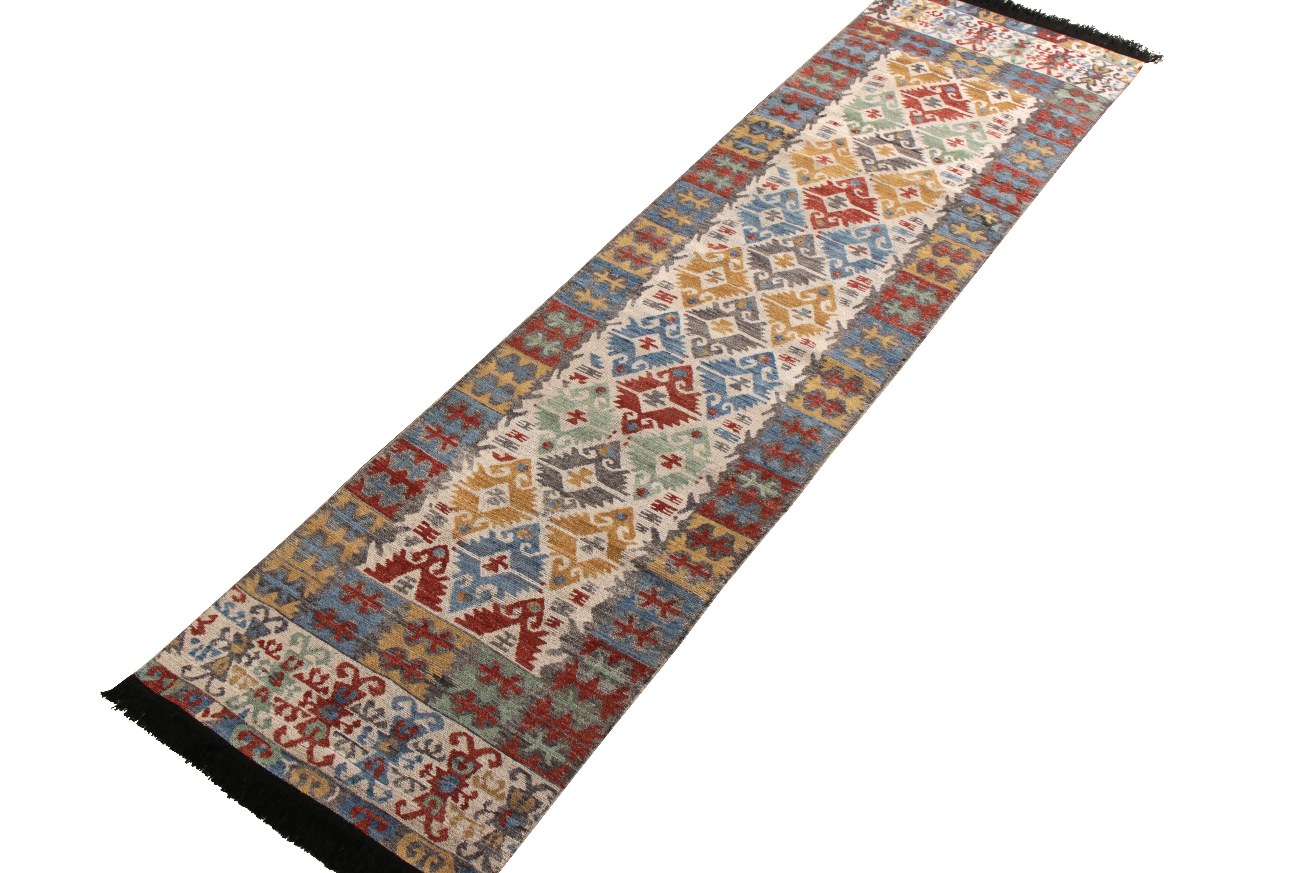Indian Rug & Kilim’s Classic Turkish Style Runner in Gold and Blue Geometric Pattern For Sale