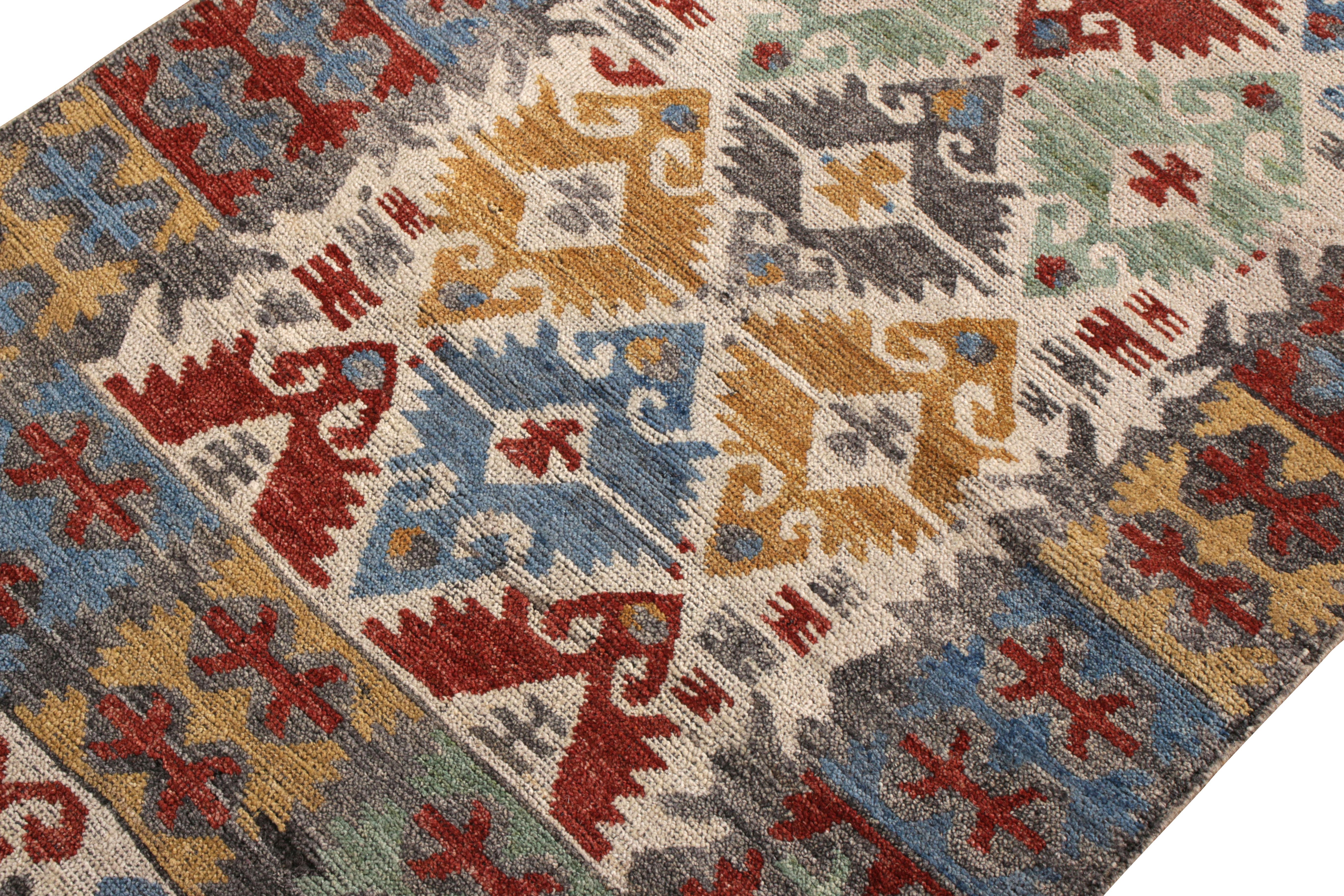 Hand-Knotted Rug & Kilim’s Classic Turkish Style Runner in Gold and Blue Geometric Pattern For Sale