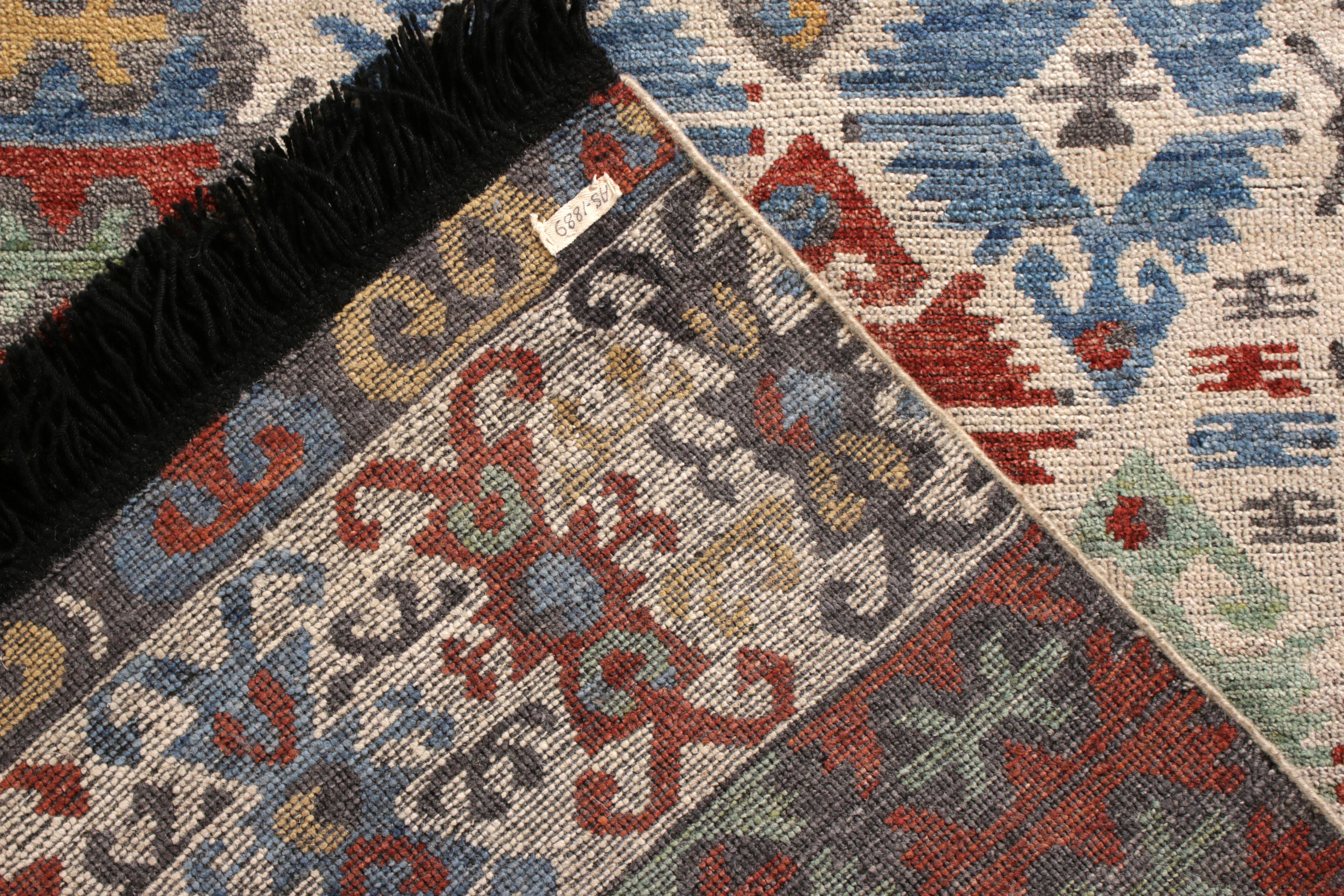 Rug & Kilim’s Classic Turkish Style Runner in Gold and Blue Geometric Pattern In New Condition For Sale In Long Island City, NY