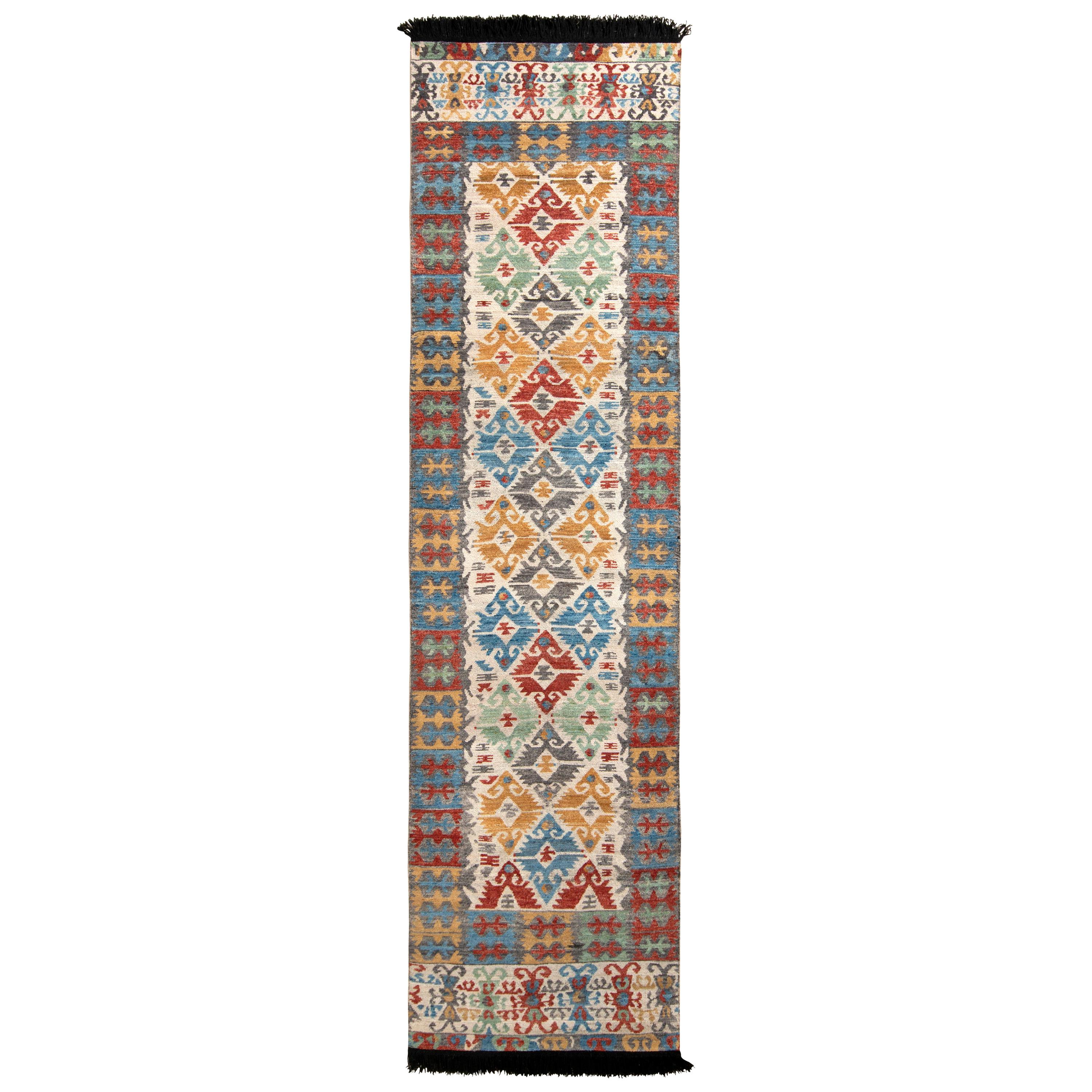 Rug & Kilim’s Classic Turkish Style Runner in Gold and Blue Geometric Pattern For Sale