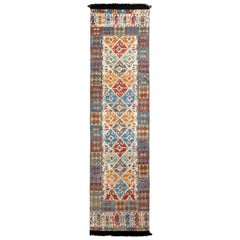 Rug & Kilim’s Classic Turkish Style Runner in Gold and Blue Geometric Pattern