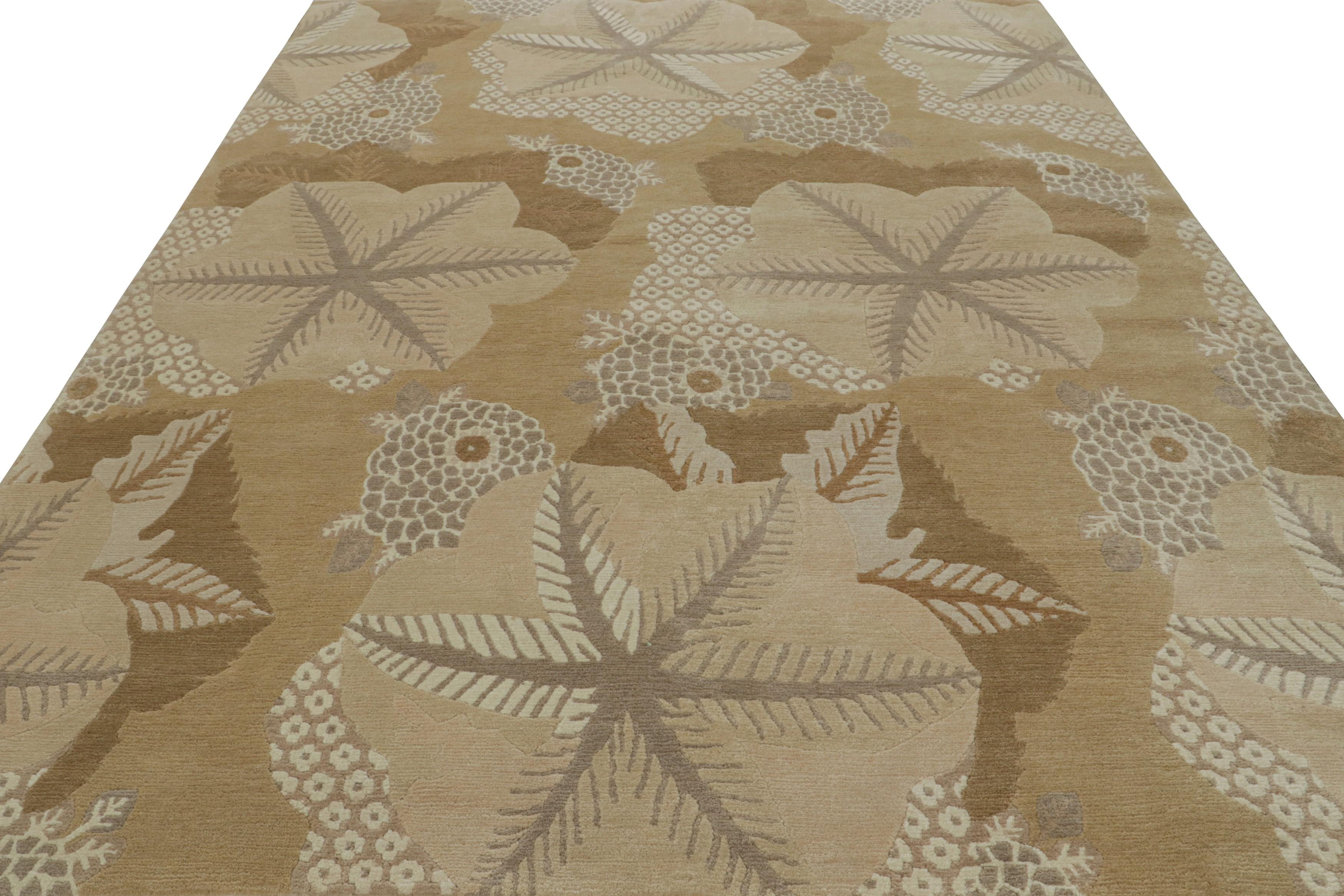 Nepalese Rug & Kilim’s “Clouds” Modern Rug Design in Beige-brown with Floral Medallions For Sale