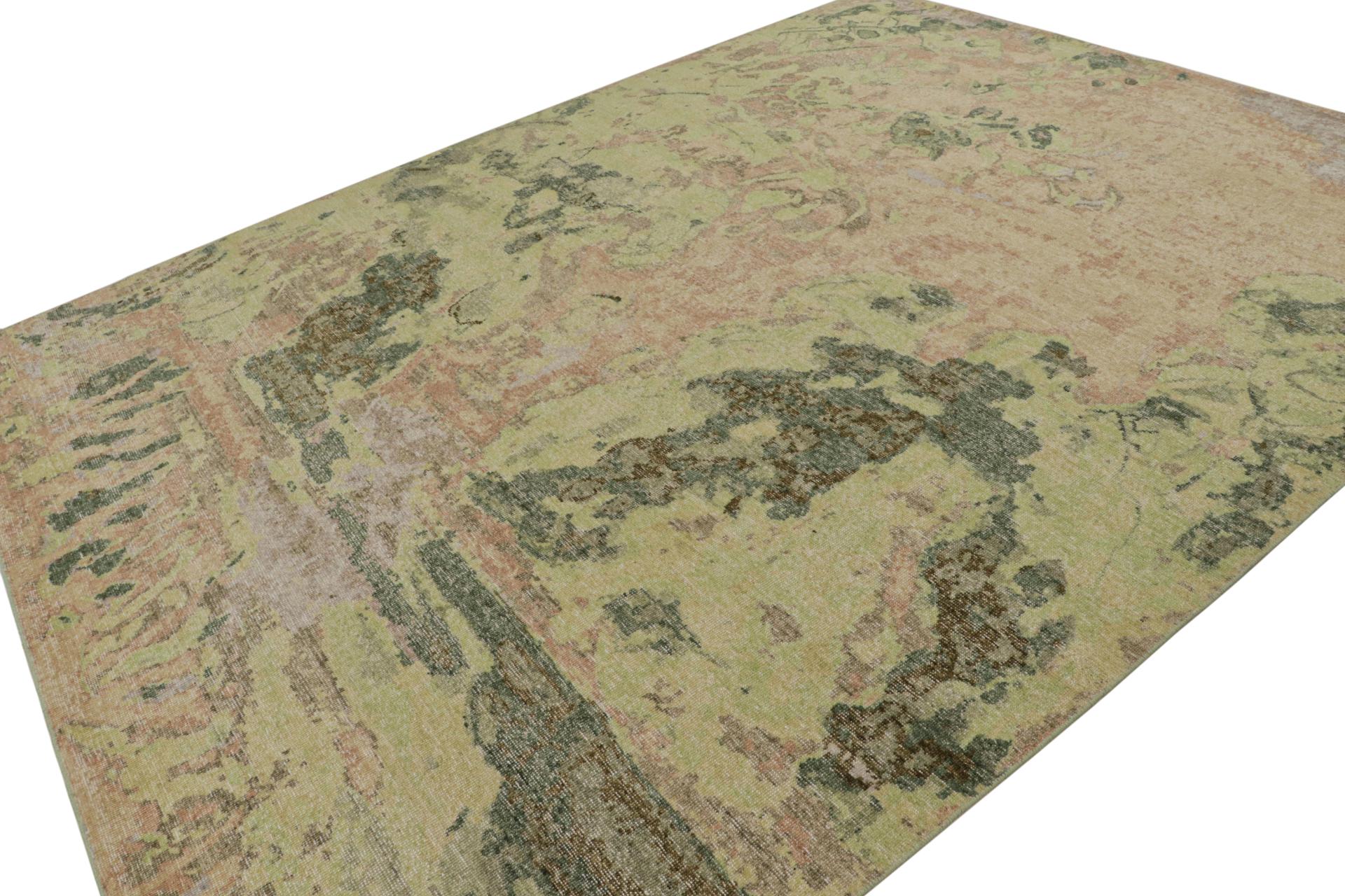 Hand-knotted in wool, this 9x12 modern rug, originating from India, has been inspired by abstract expressionist paintings, with a hint of impressionist attitudes in the condensation of botanical and floral imagery. 

On the Design: 

A new addition