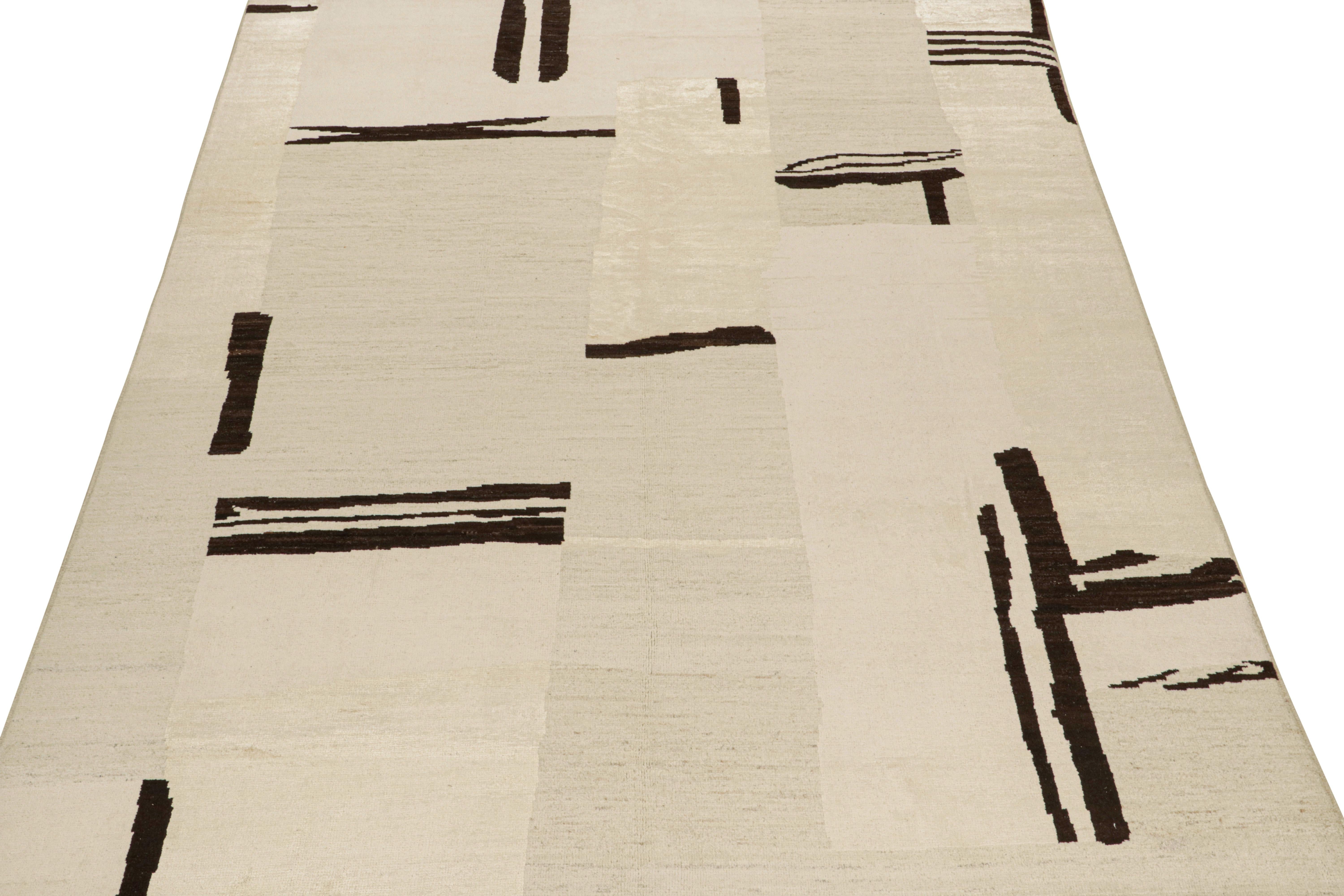 This contemporary 9x12 abstract rug is a bold new addition to Rug & Kilim’s modern rug designs. 

Further on the Design: 

Hand-knotted in a luxurious wool, silk, and cotton blend, this rug enjoys a unique play of classic and abstract