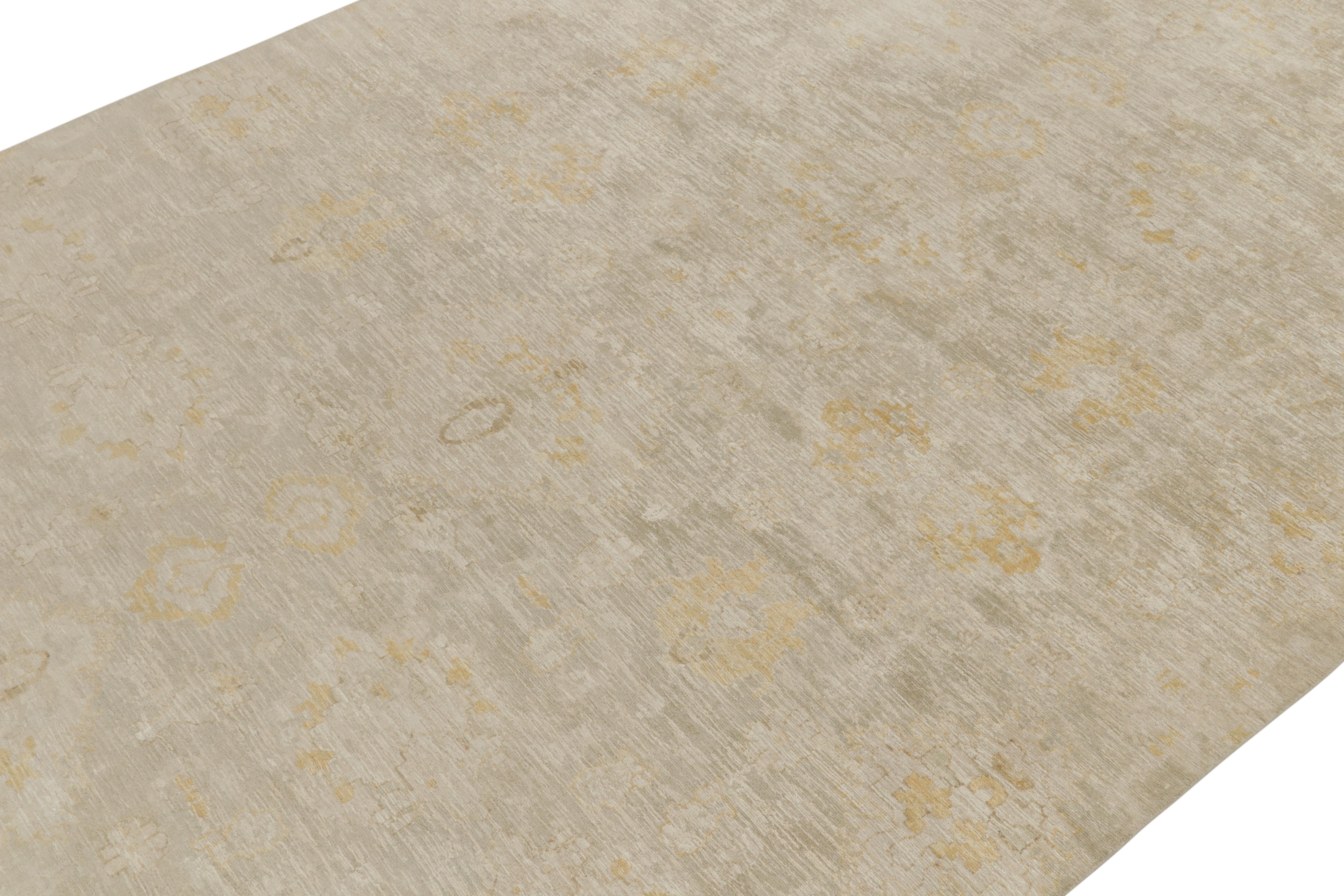 Indian Rug & Kilim’s Contemporary Abstract Rug in Off-White, Beige and Gold Florals For Sale