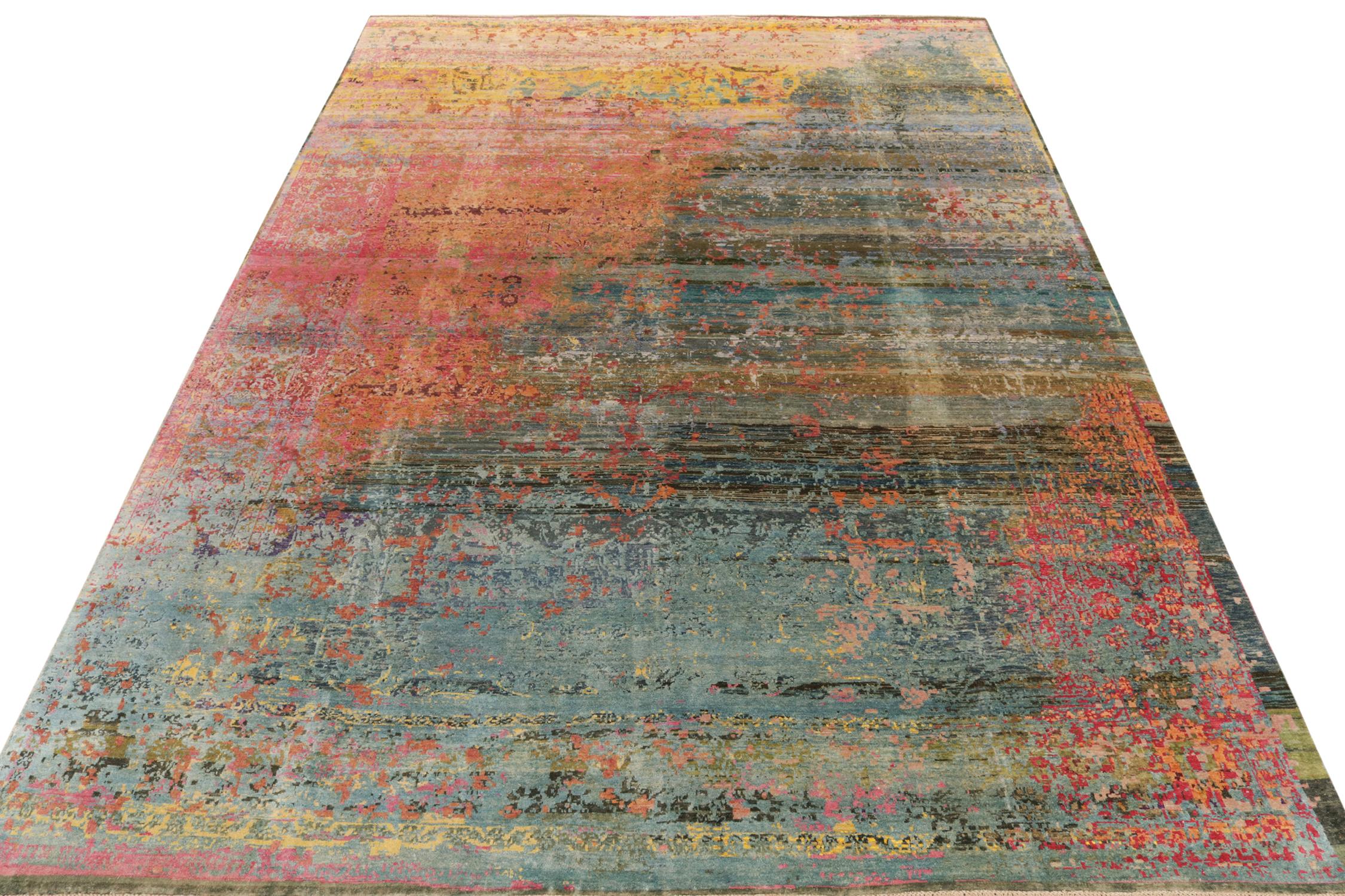 A gracious 10x14 rug from the boldest new additions to Rug & Kilim’s Abstract collection. The boisterous imagination is inspired subtly from Agra elements adapting to a modern piece full of life and riot of color. The lustrous appeal of the fine