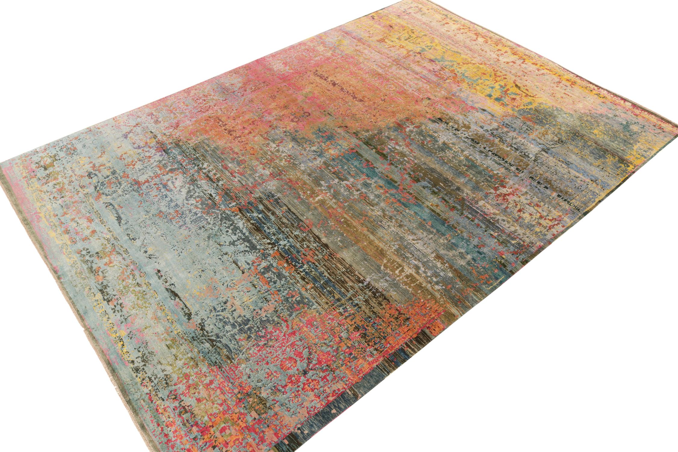 Indian Rug & Kilim's Contemporary Abstract Rug in Pink, Blue Colorful Pattern For Sale