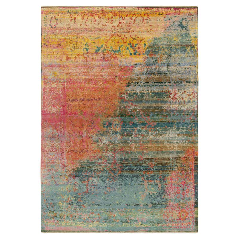 Colour Blocks Violet Rug Modern Color Block Abstract Pink Purple Blue Hand Knotted Wool and Silk ...