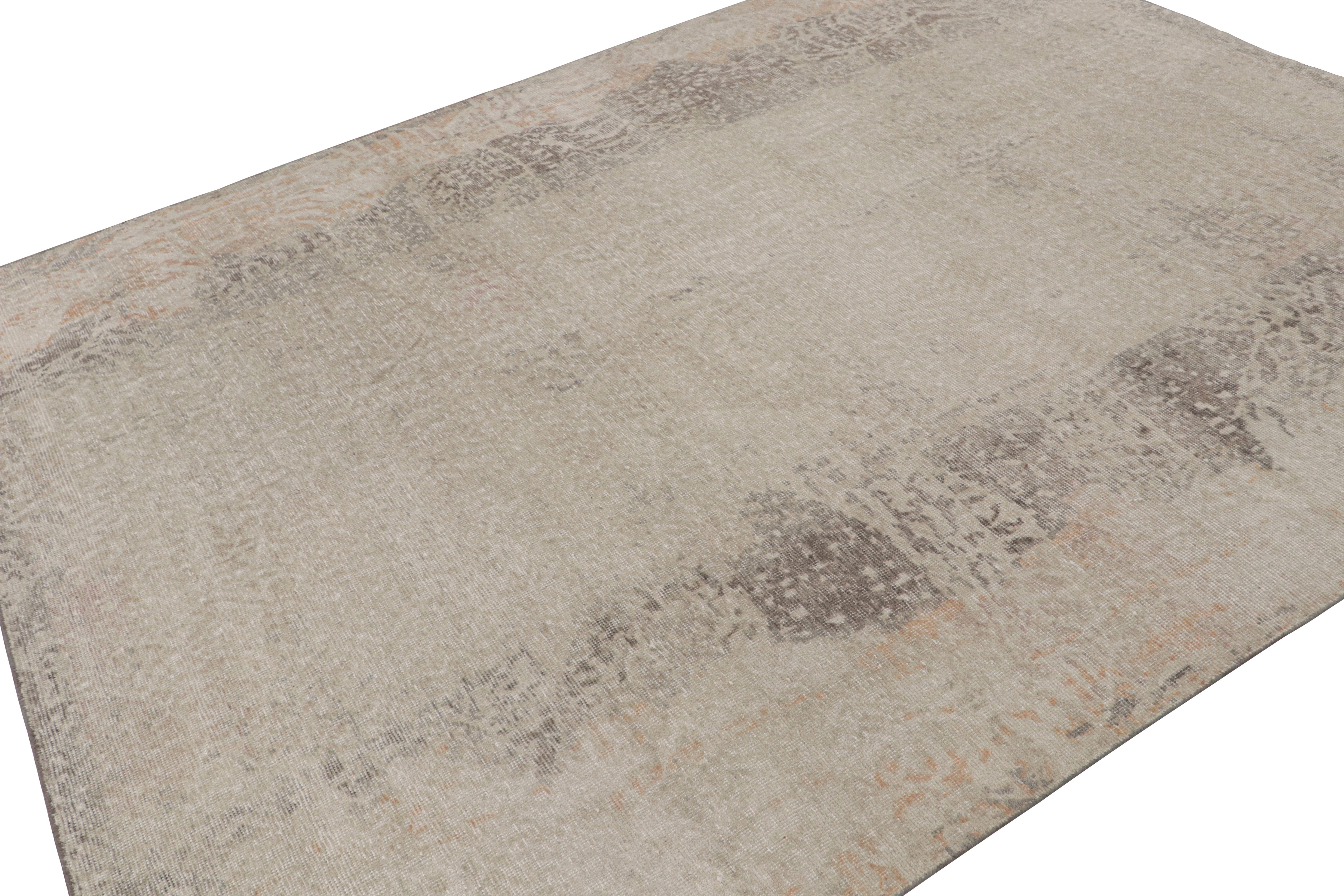 This 8x9 contemporary abstract rug is from Rug & Kilim’s Homage collection. Hand-knotted in wool.

On the Design:

The minimalist piece is inspired by an abstraction of animal prints. Keen eyes will note taupe tones and rust accents underscoring