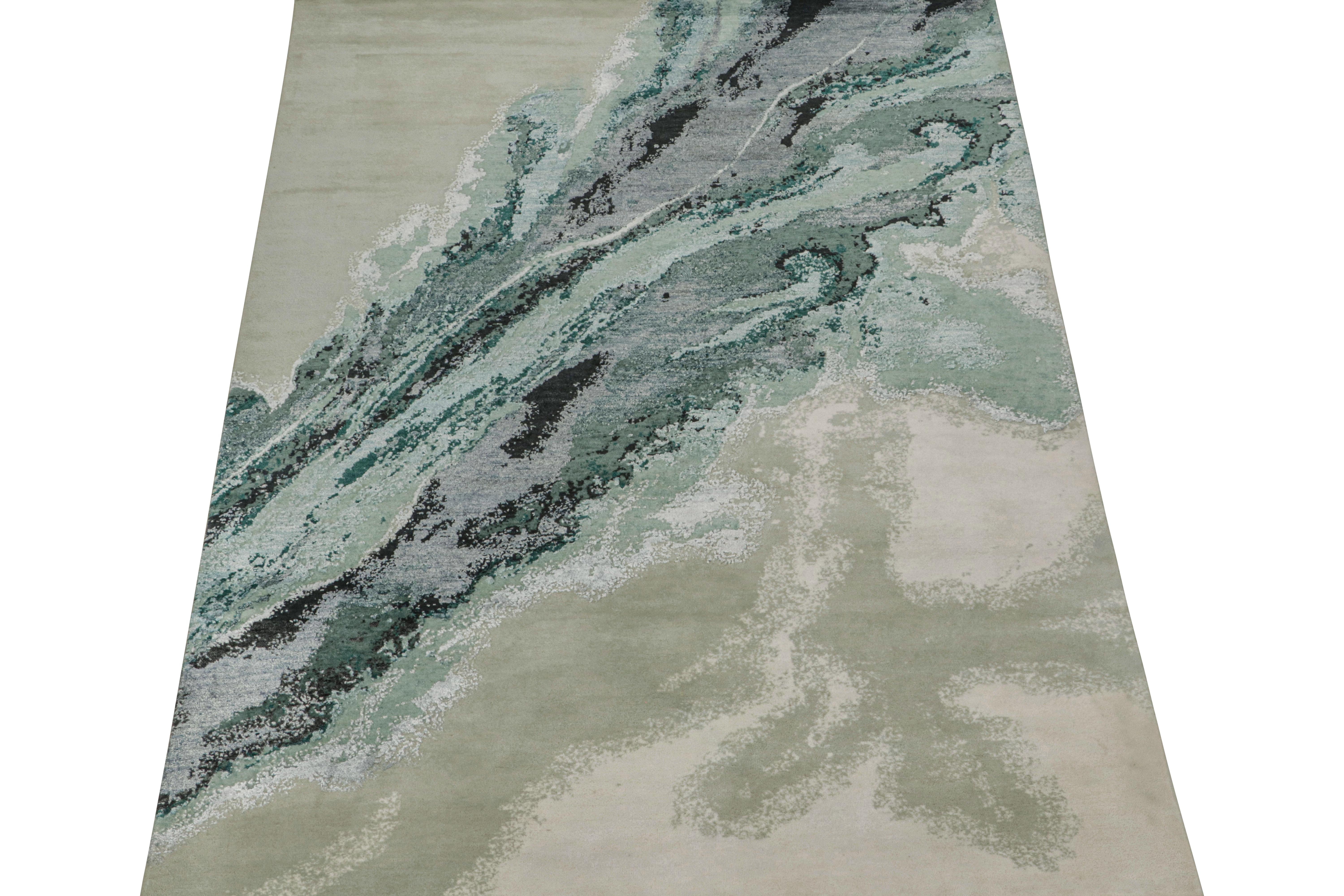 Dieser zeitgenössische abstrakte Teppich im Format 6x8 ist eine neue Ergänzung der zeitgenössischen Teppichkollektion von Rug & Kilim. Handgeknüpft aus Wolle, Baumwolle und Seide, erforscht sein Design eine expressionistische Sensibilität in einer