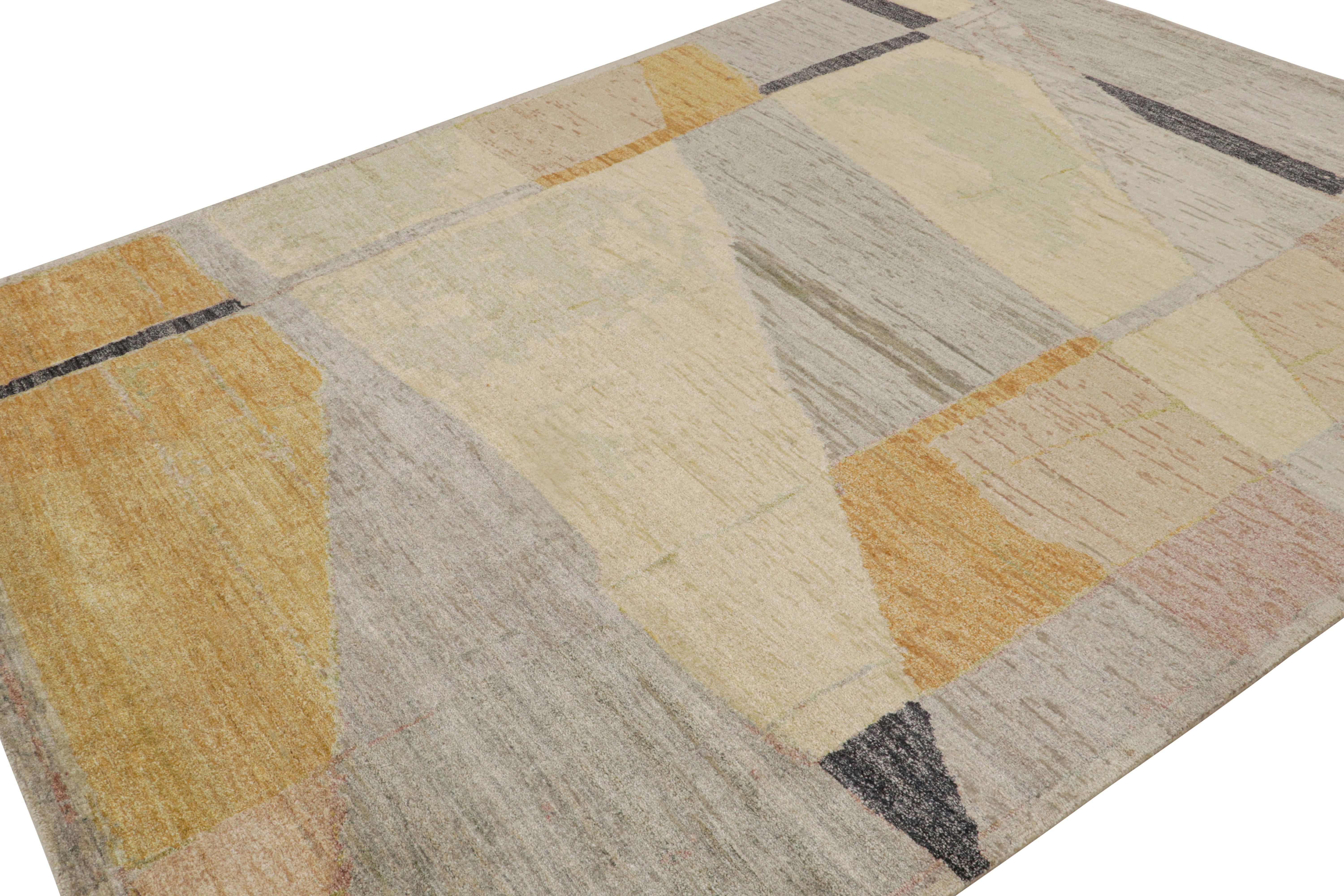 Hand-knotted in silk, this 8×10 modern abstract rug by Rug & Kilim is an expressive piece yet clearly inspired by abstract minimalist sensibilities 

On the Design: 

Light and playful colors underscore sharp geometric patterns with an edge both