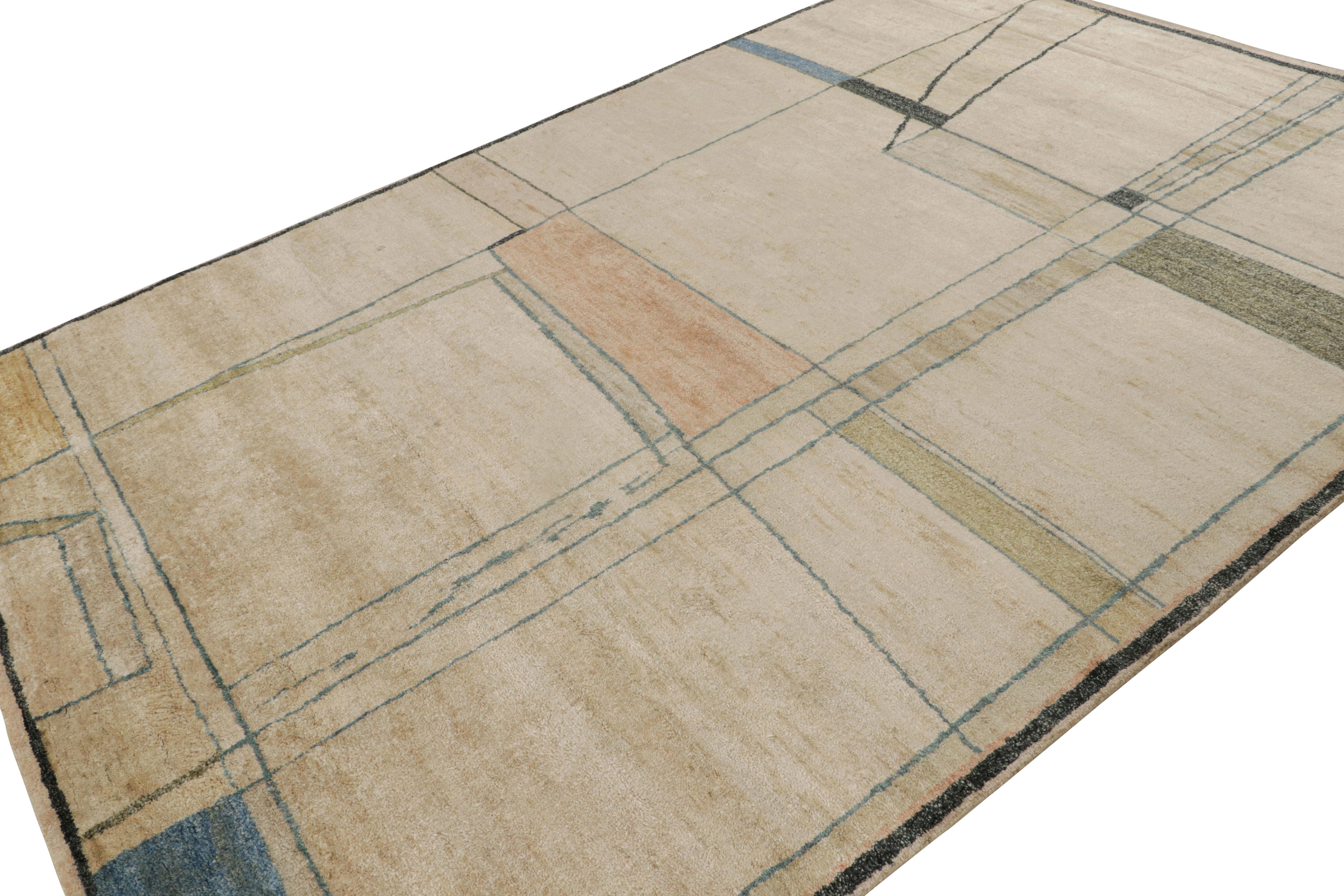 Annodato a mano in seta, questo tappeto astratto moderno 8x11 è un'opera d'arte contemporanea e rappresenta una nuova vivace aggiunta alla collezione Modern di Rug & Kilim. 

Sul design: 

Una nuova aggiunta ai tappeti fatti a mano della linea di