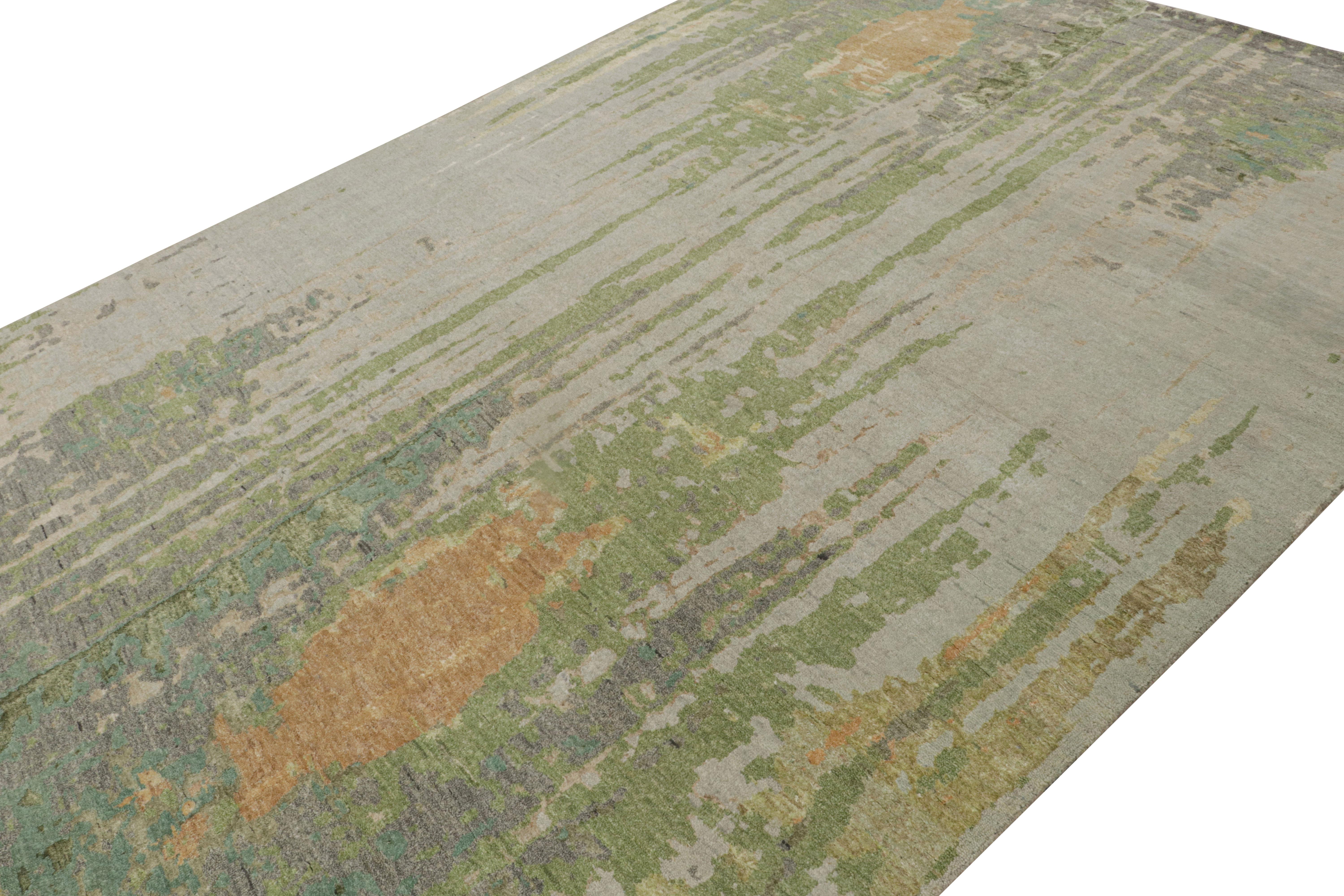 Annodato a mano in lana e seta, questo tappeto astratto moderno 9x12 è un'opera d'arte contemporanea multicolore tanto quanto un tappeto artistico, audace ma stravagante. 

Sul design: 

Questo design contemporaneo è un omaggio all'arte attraverso