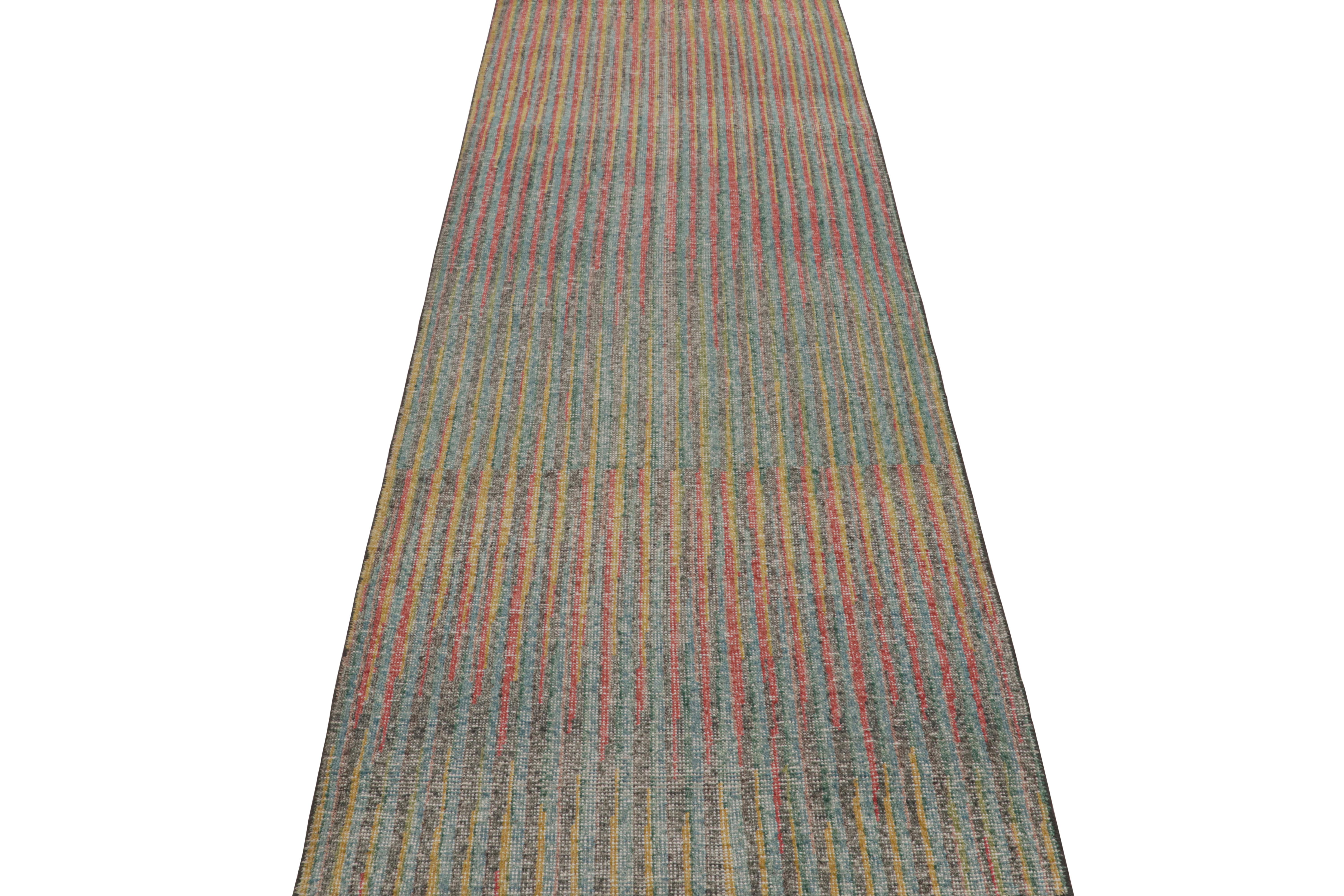 Modern Rug & Kilim’s Contemporary Abstract Runner Rug with Polychromatic Stripes For Sale