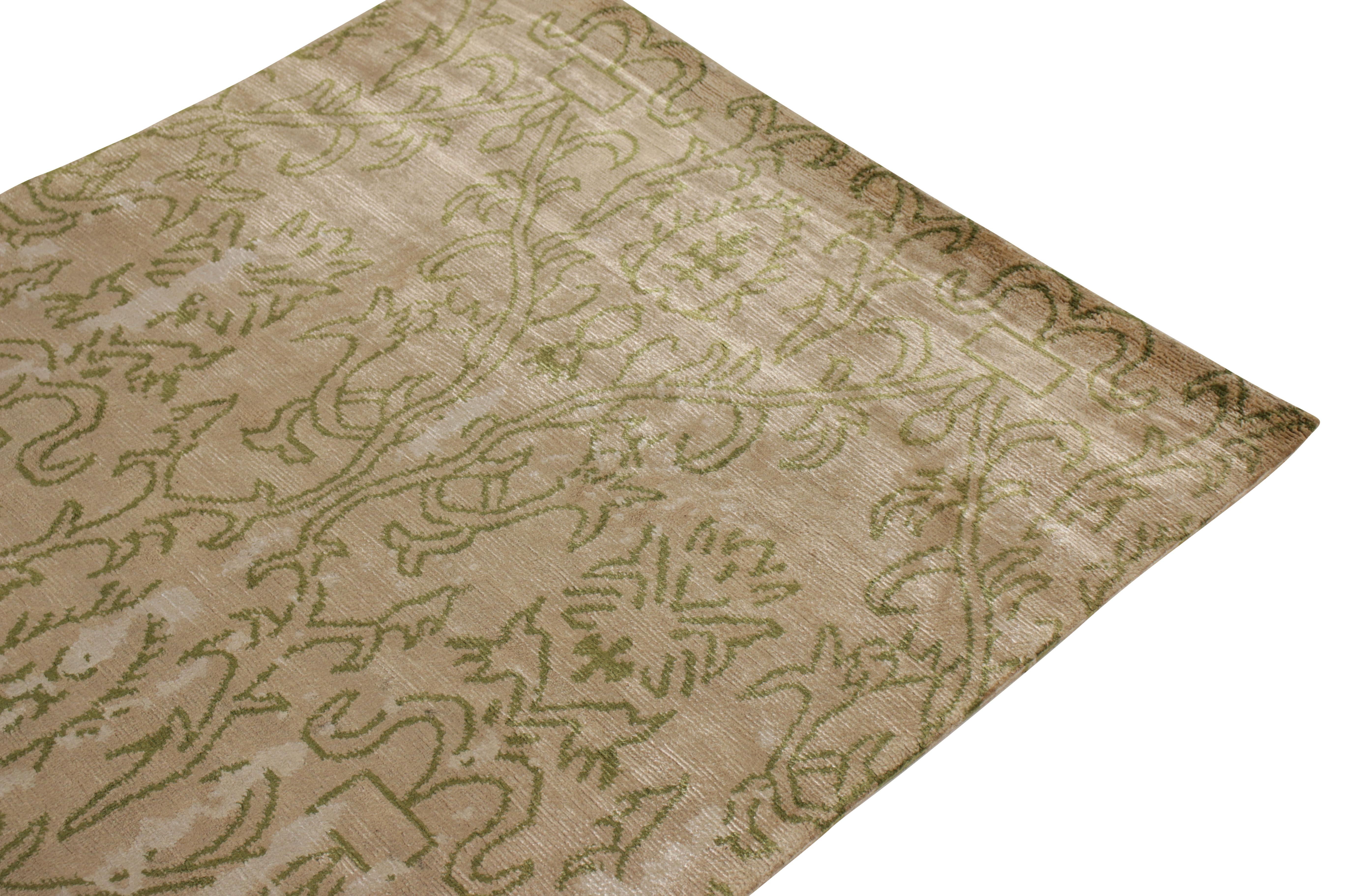 Nepalese Rug & Kilim's Contemporary Beige Green Runner Geometric Floral Silk Rug For Sale