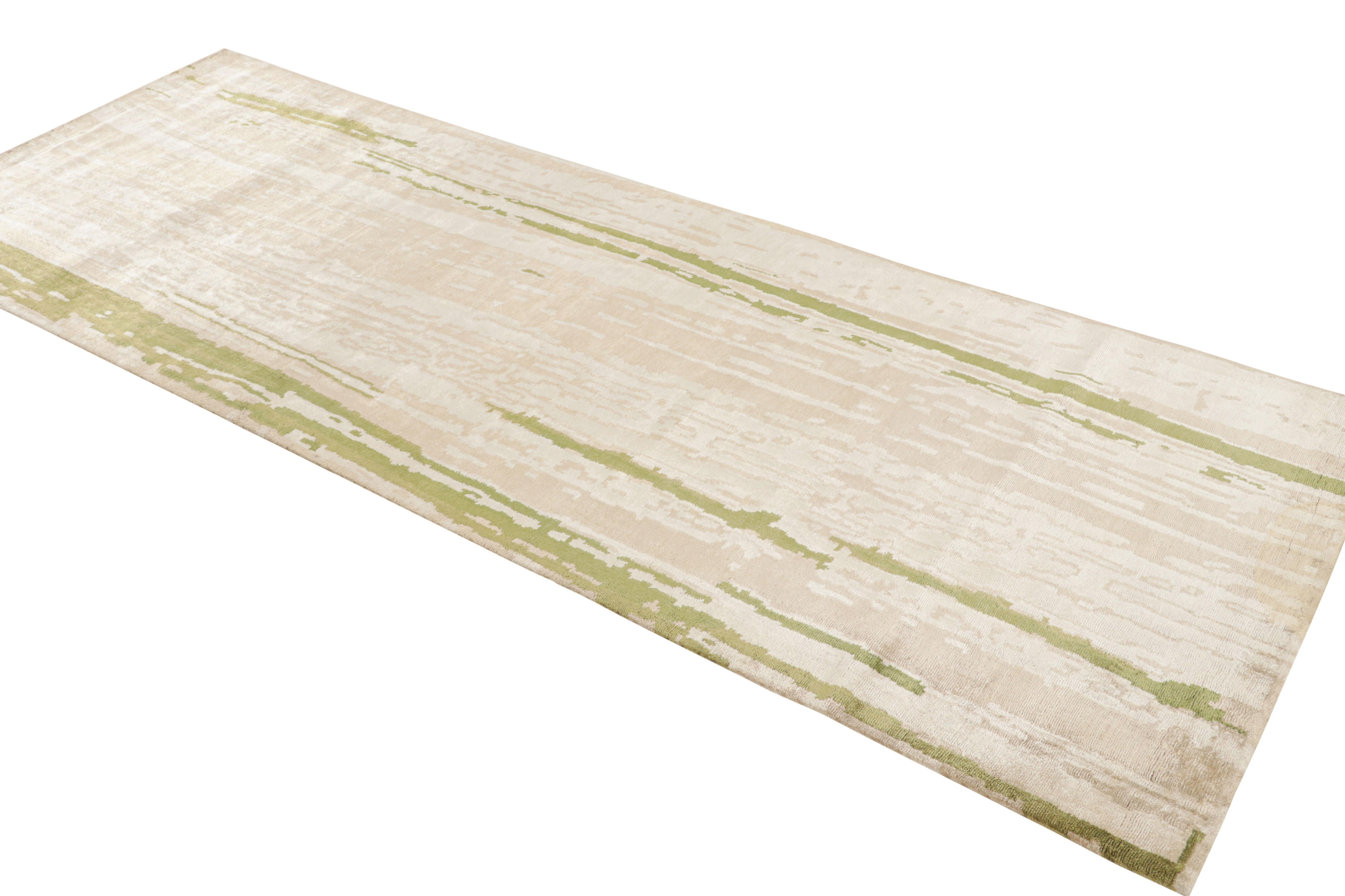Zeitgenössischer beigegrüner geometrischer Seidenteppich mit Blumenmuster, Teppich & Kelim (Nepalesisch) im Angebot