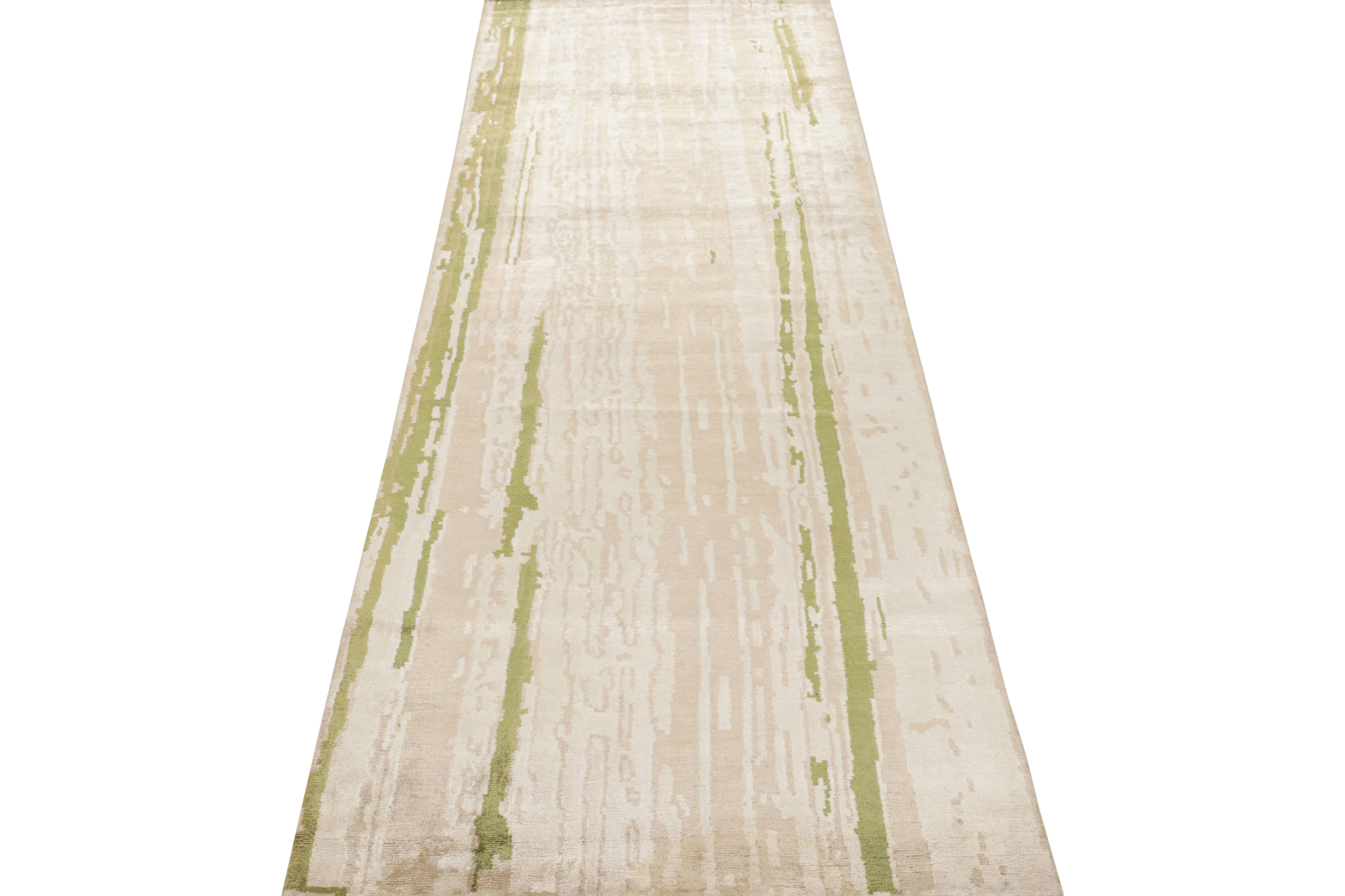 Hand-Knotted Rug & Kilim's Contemporary Beige Green Runner Geometric Floral Silk Rug For Sale