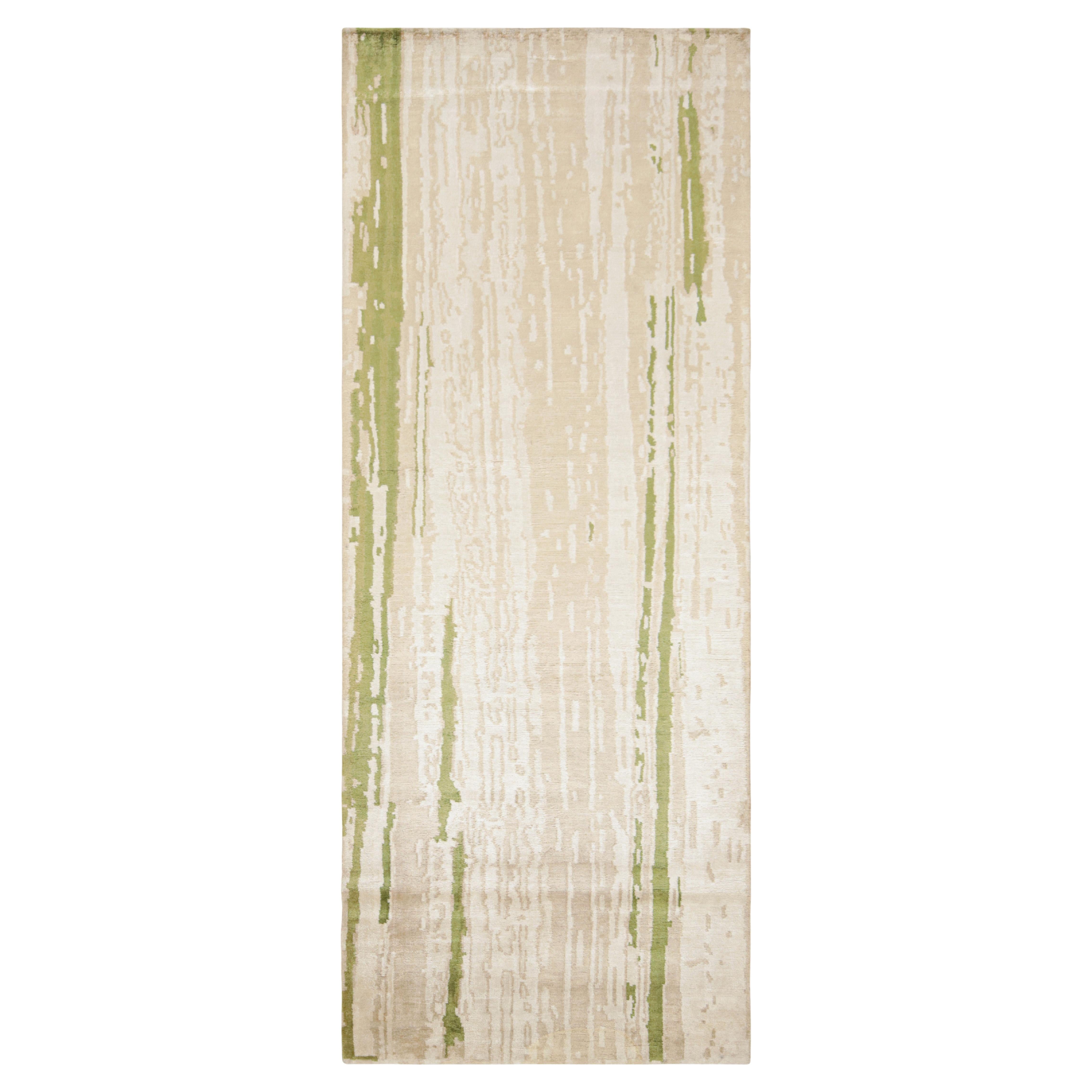 Rug & Kilim's Contemporary Beige Green Runner Geometric Floral Silk Rug For Sale