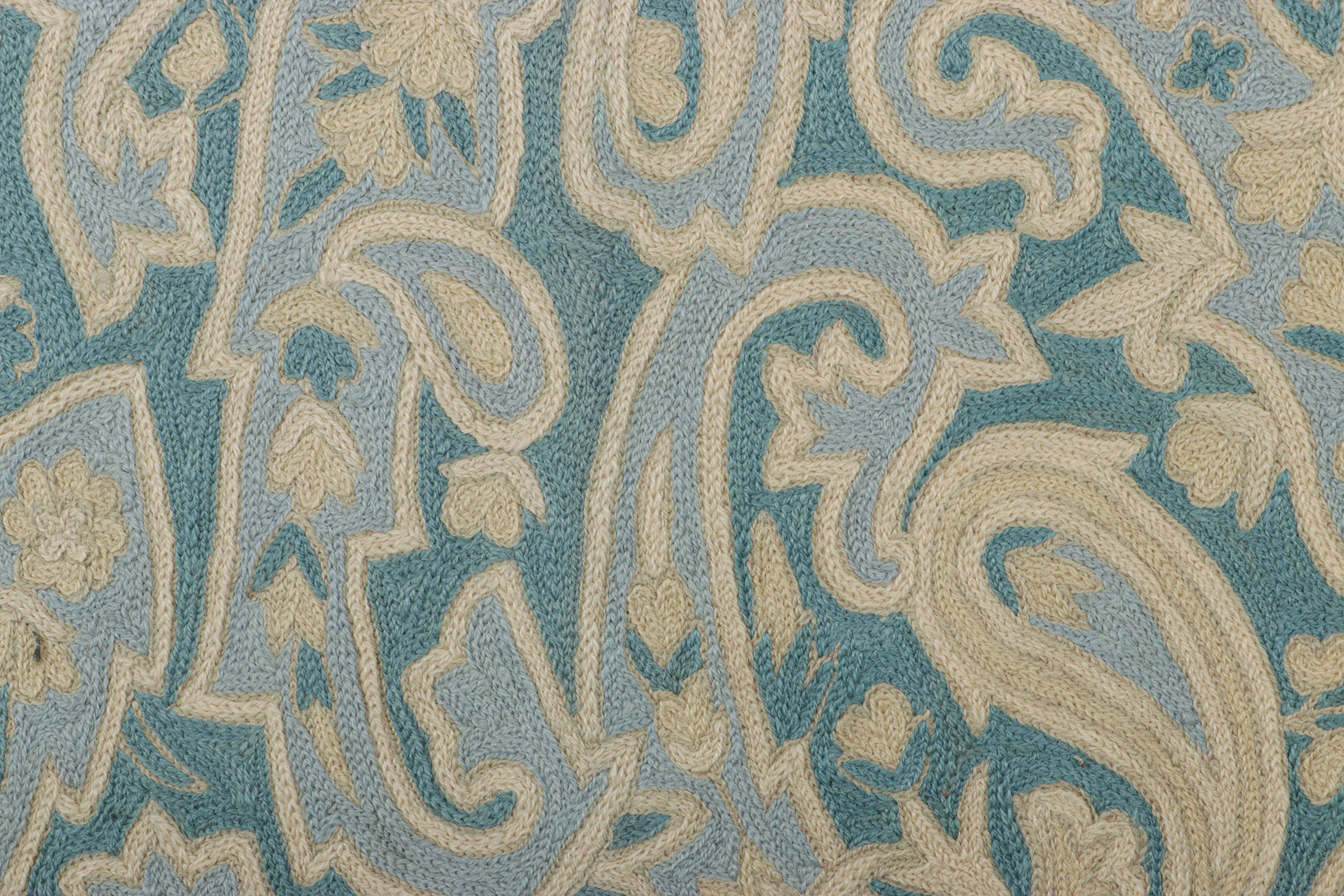 Modern Rug & Kilim’s Contemporary Chain Stitch Rug in Blue with Cream Floral Patterns For Sale
