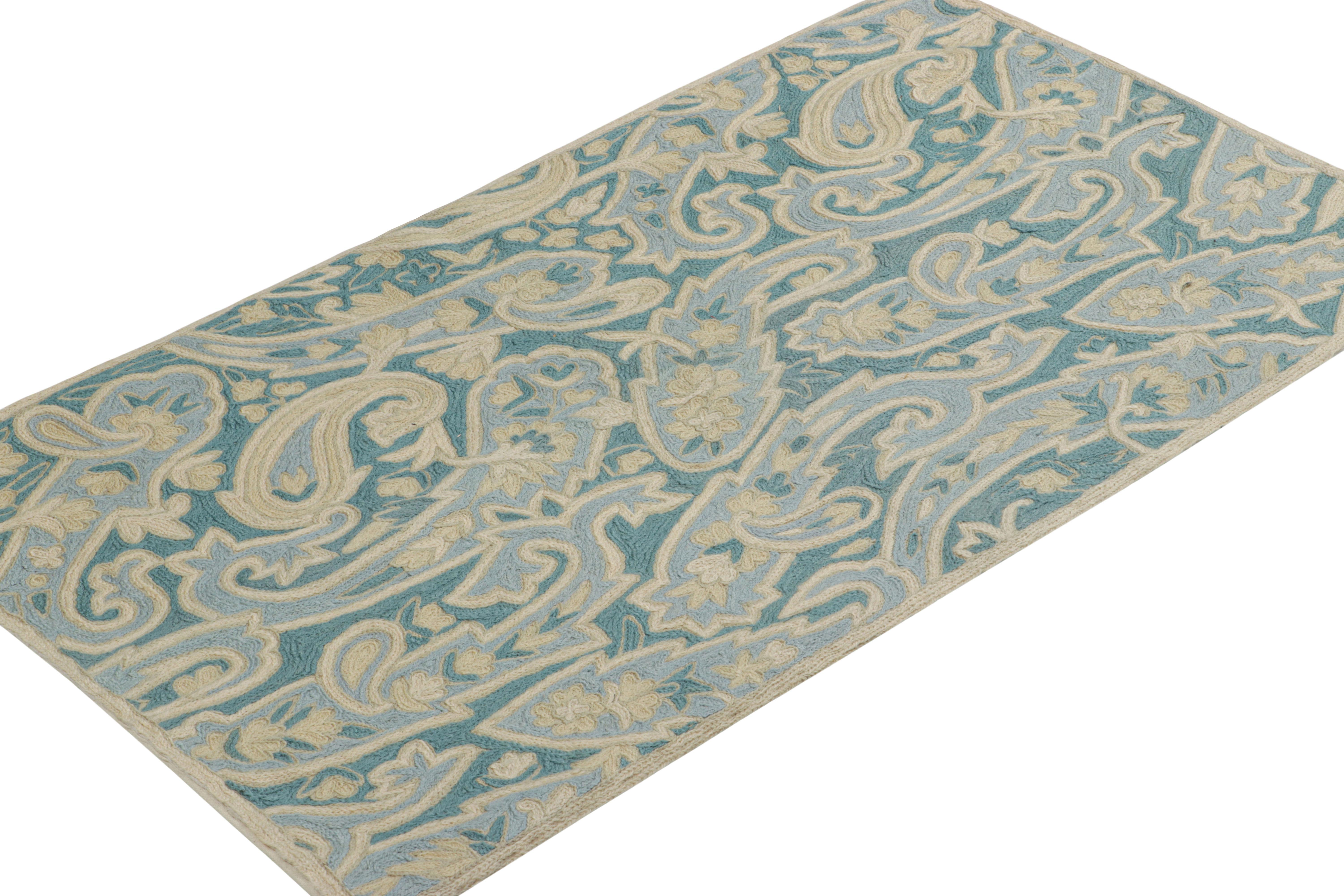 Indian Rug & Kilim’s Contemporary Chain Stitch Rug in Blue with Cream Floral Patterns For Sale