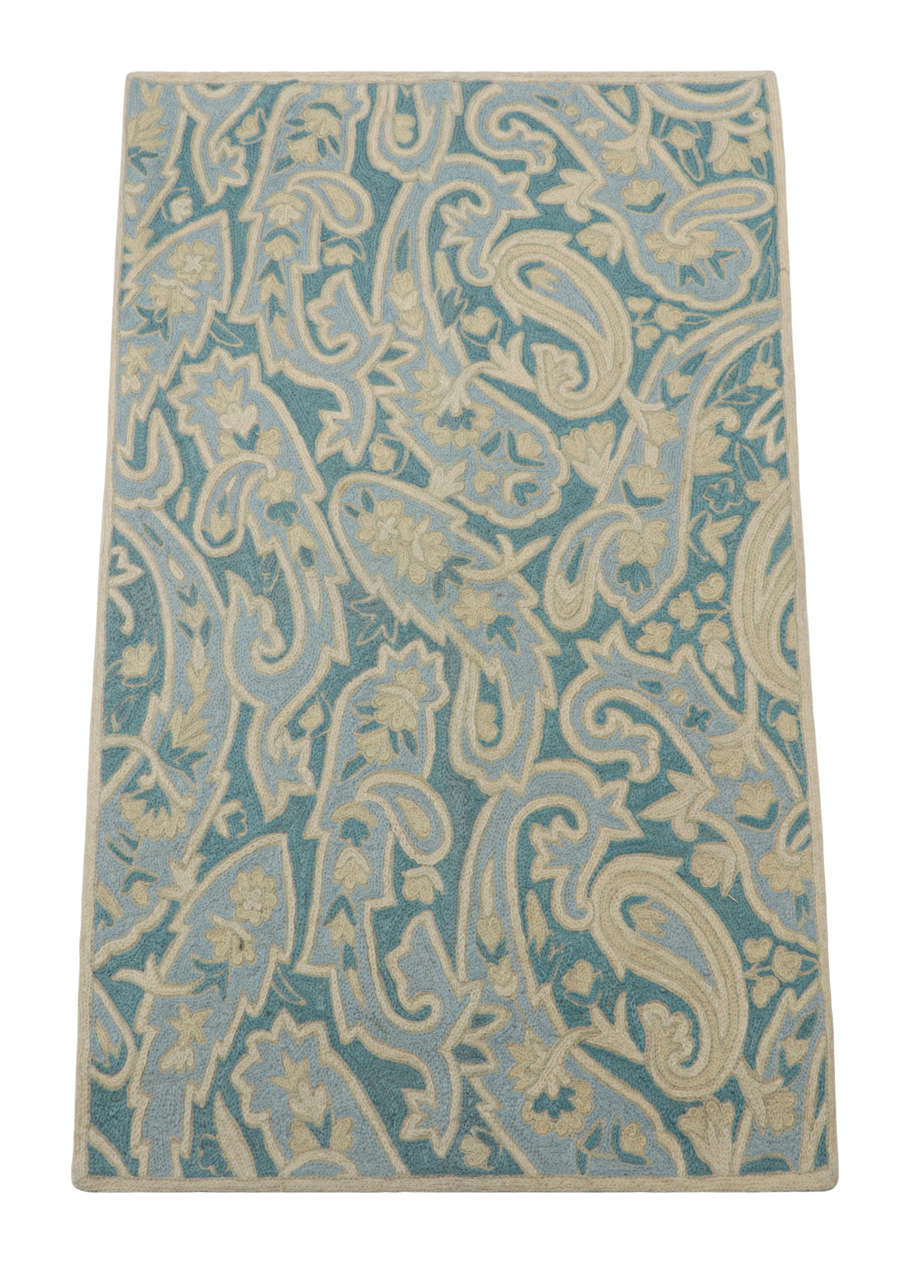 Hand-Knotted Rug & Kilim’s Contemporary Chain Stitch Rug in Blue with Cream Floral Patterns For Sale