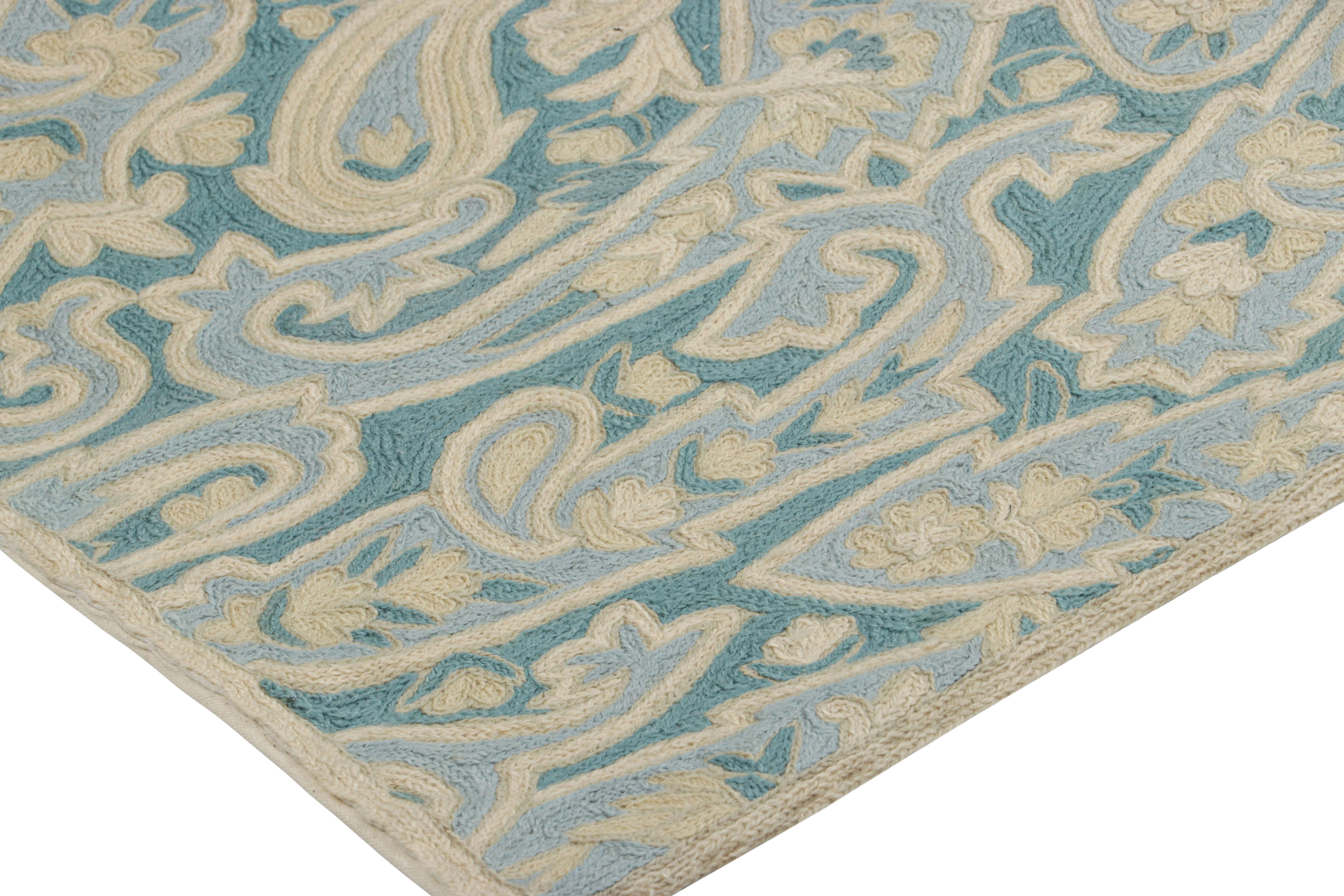 Rug & Kilim’s Contemporary Chain Stitch Rug in Blue with Cream Floral Patterns In New Condition For Sale In Long Island City, NY