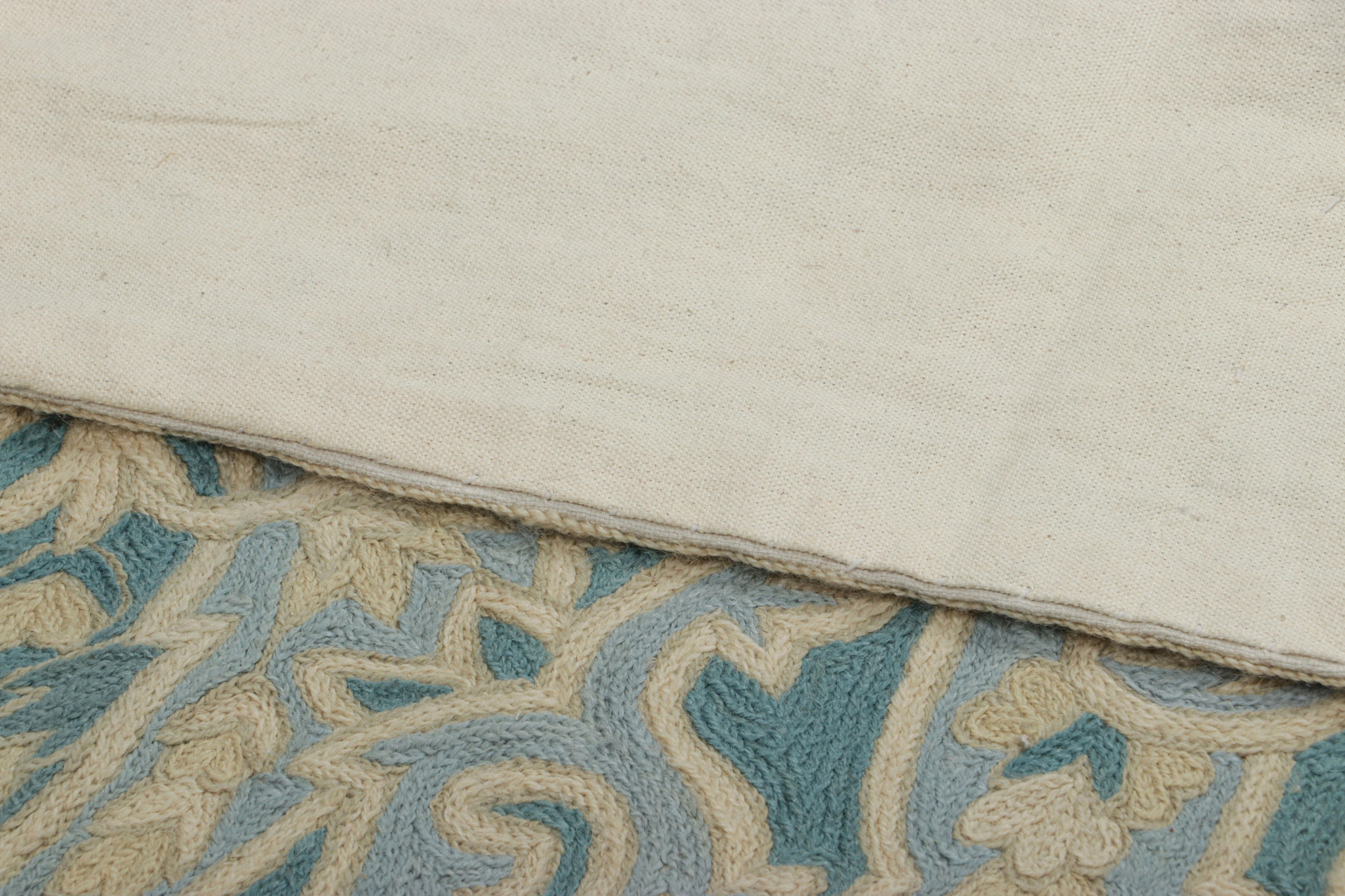 Wool Rug & Kilim’s Contemporary Chain Stitch Rug in Blue with Cream Floral Patterns For Sale