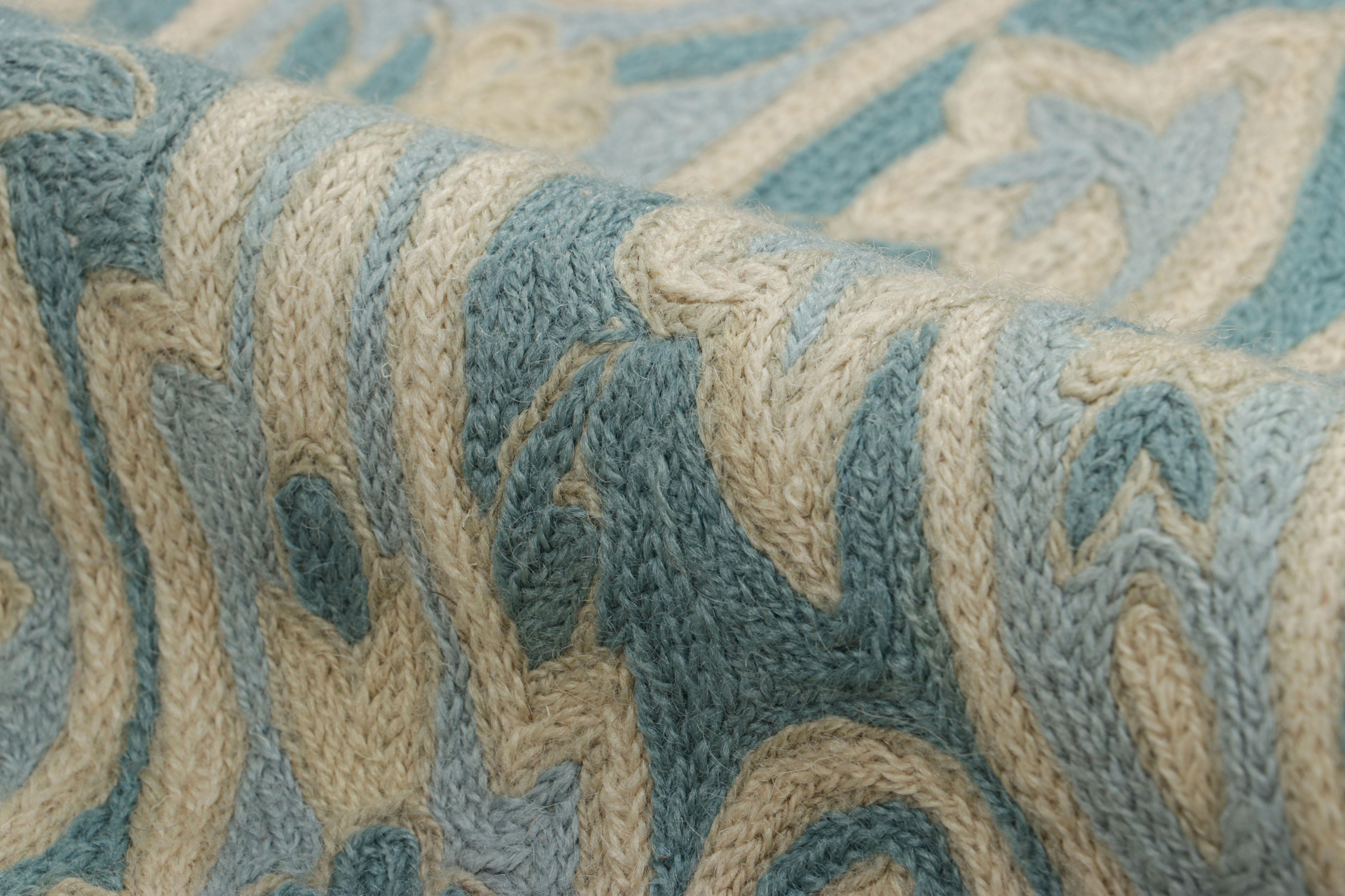 Rug & Kilim’s Contemporary Chain Stitch Rug in Blue with Cream Floral Patterns For Sale 1