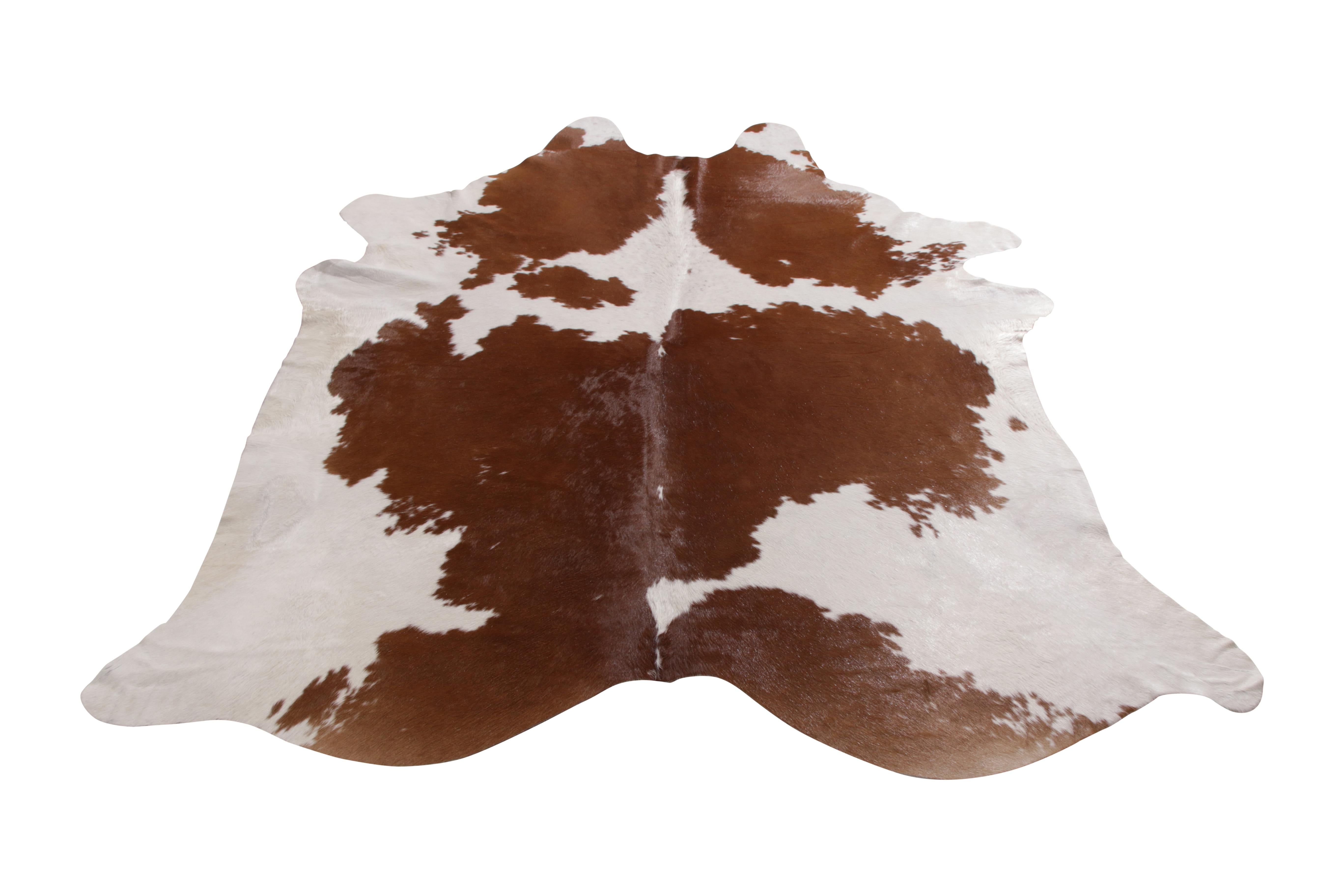 A 7 x 7 from Rug & Kilim’s line of handmade cowhide rugs. Enjoying a silky, lustrous sheen complementing the pallet of brown and white. A comfortable, textural choice, particularly well suited to country homes and rustic interiors.