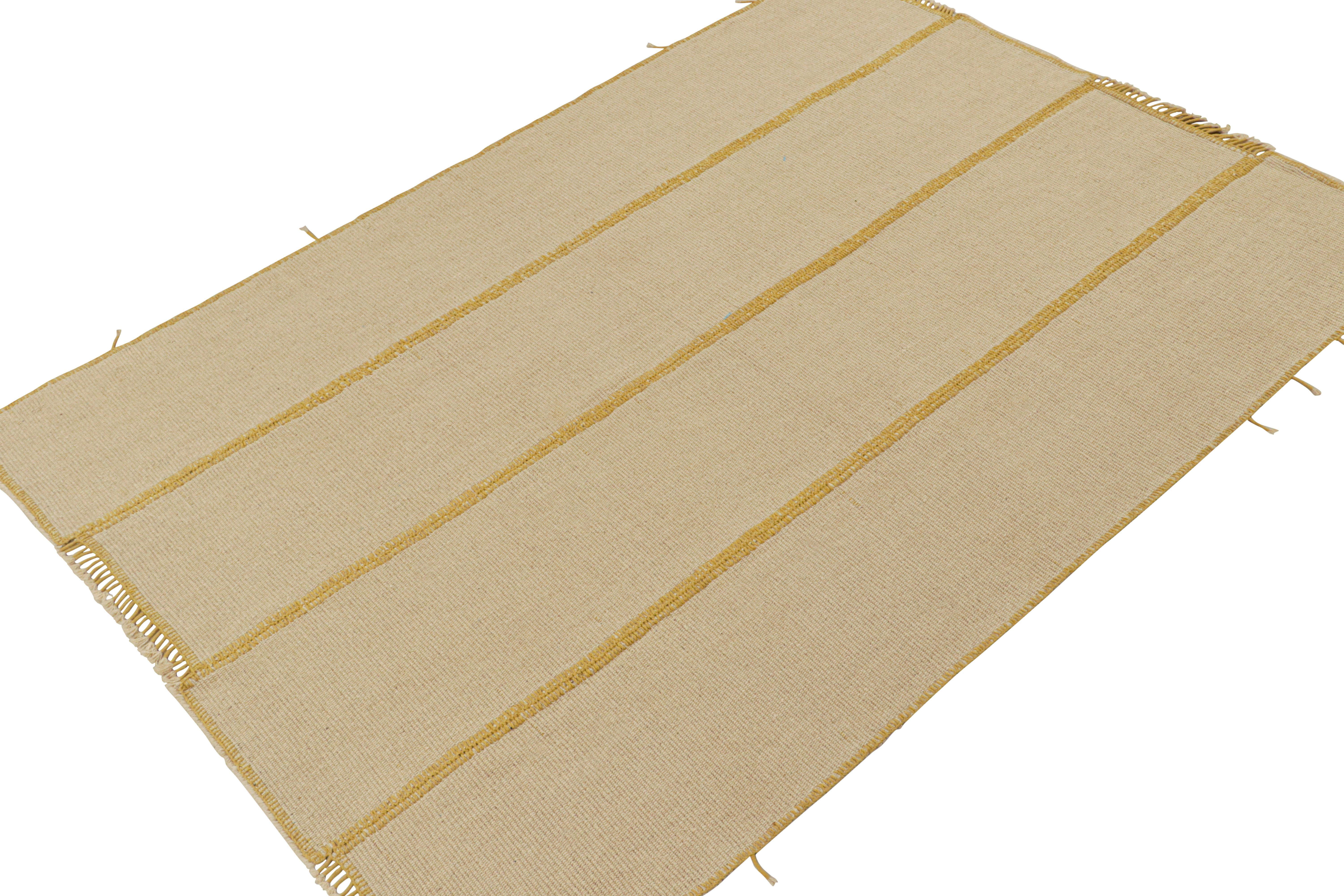 Modern Rug & Kilim’s Contemporary Custom Kilim Design in Beige with Mustard Stripes For Sale