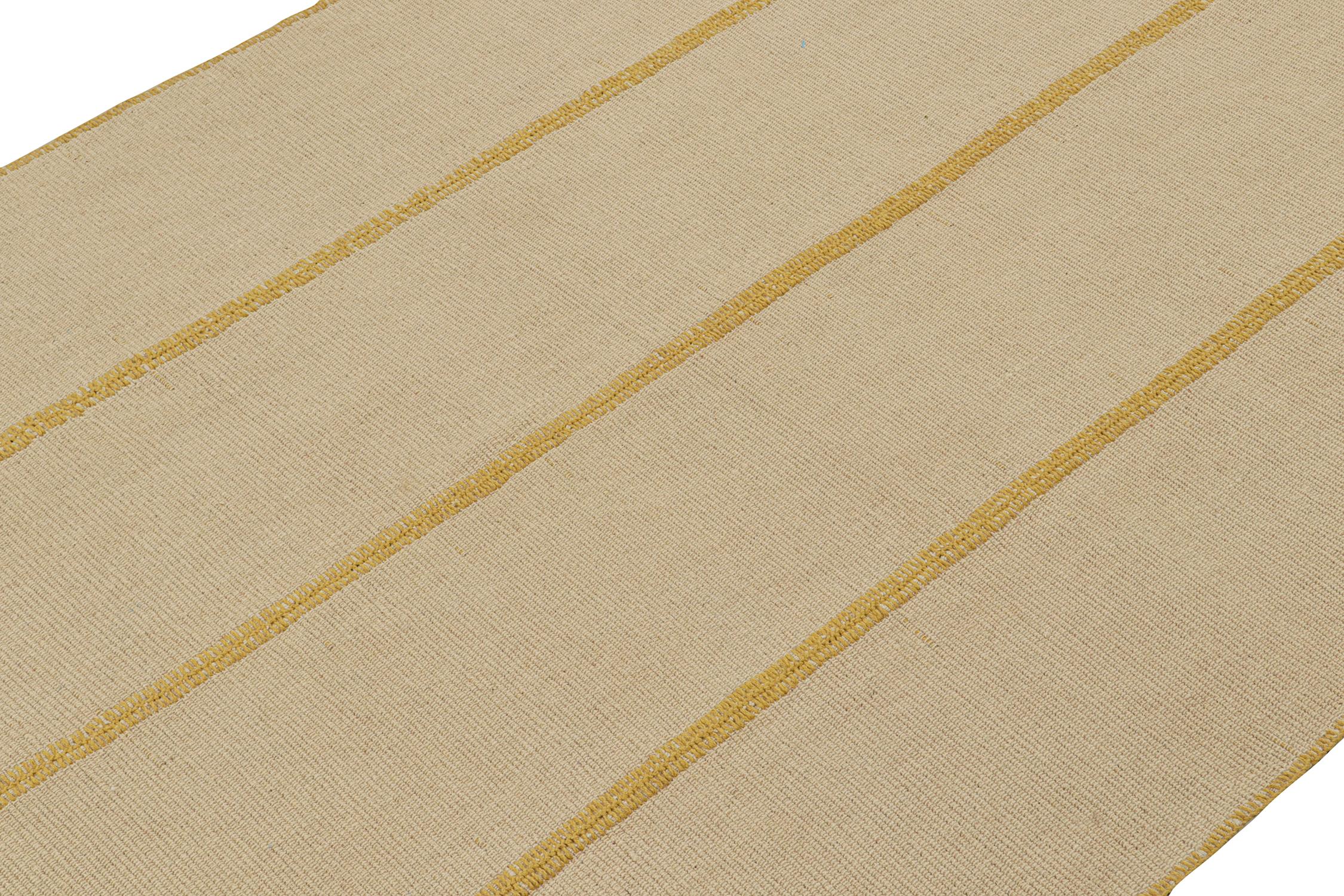 Persian Rug & Kilim’s Contemporary Custom Kilim Design in Beige with Mustard Stripes For Sale