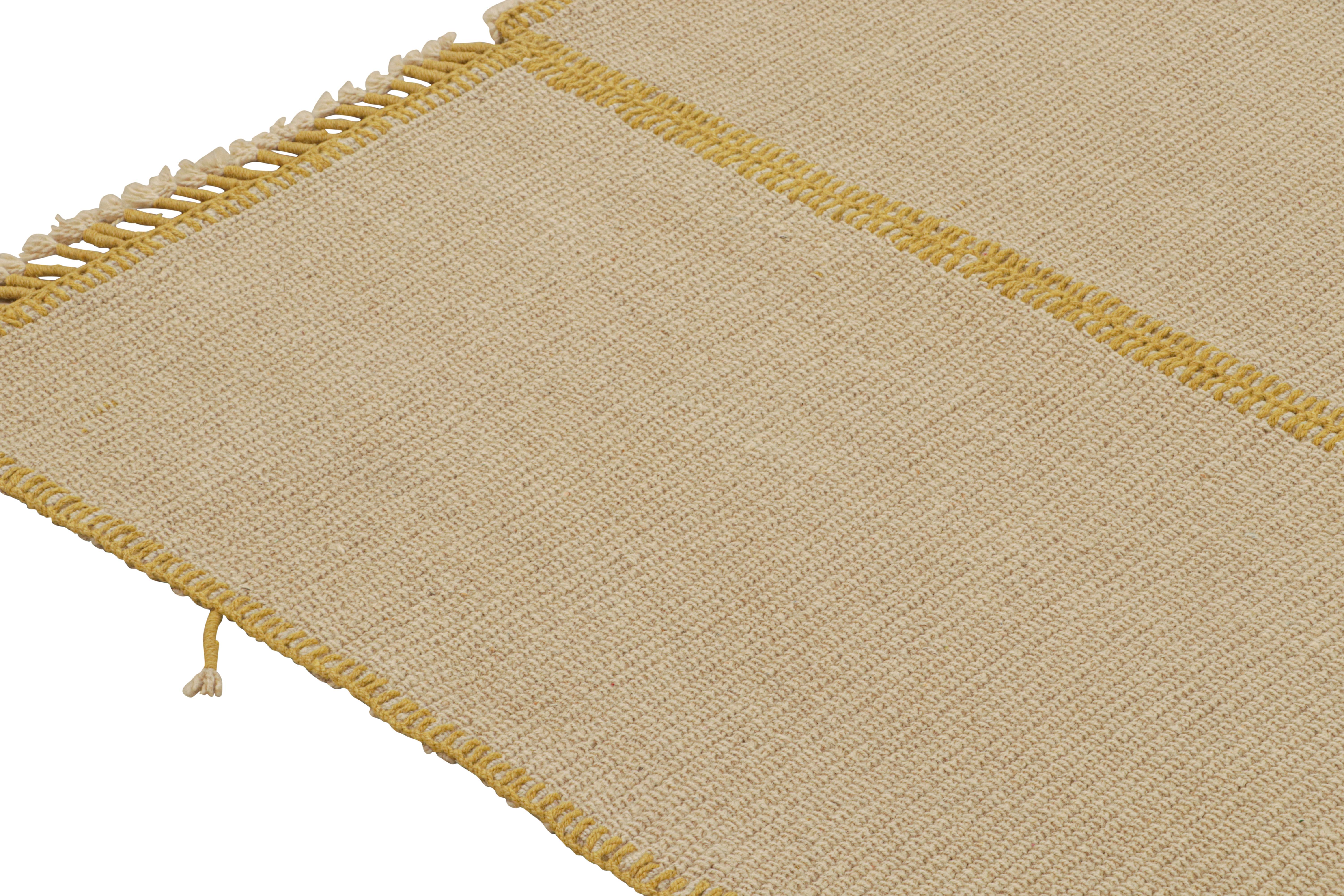 Hand-Knotted Rug & Kilim’s Contemporary Custom Kilim Design in Beige with Mustard Stripes For Sale