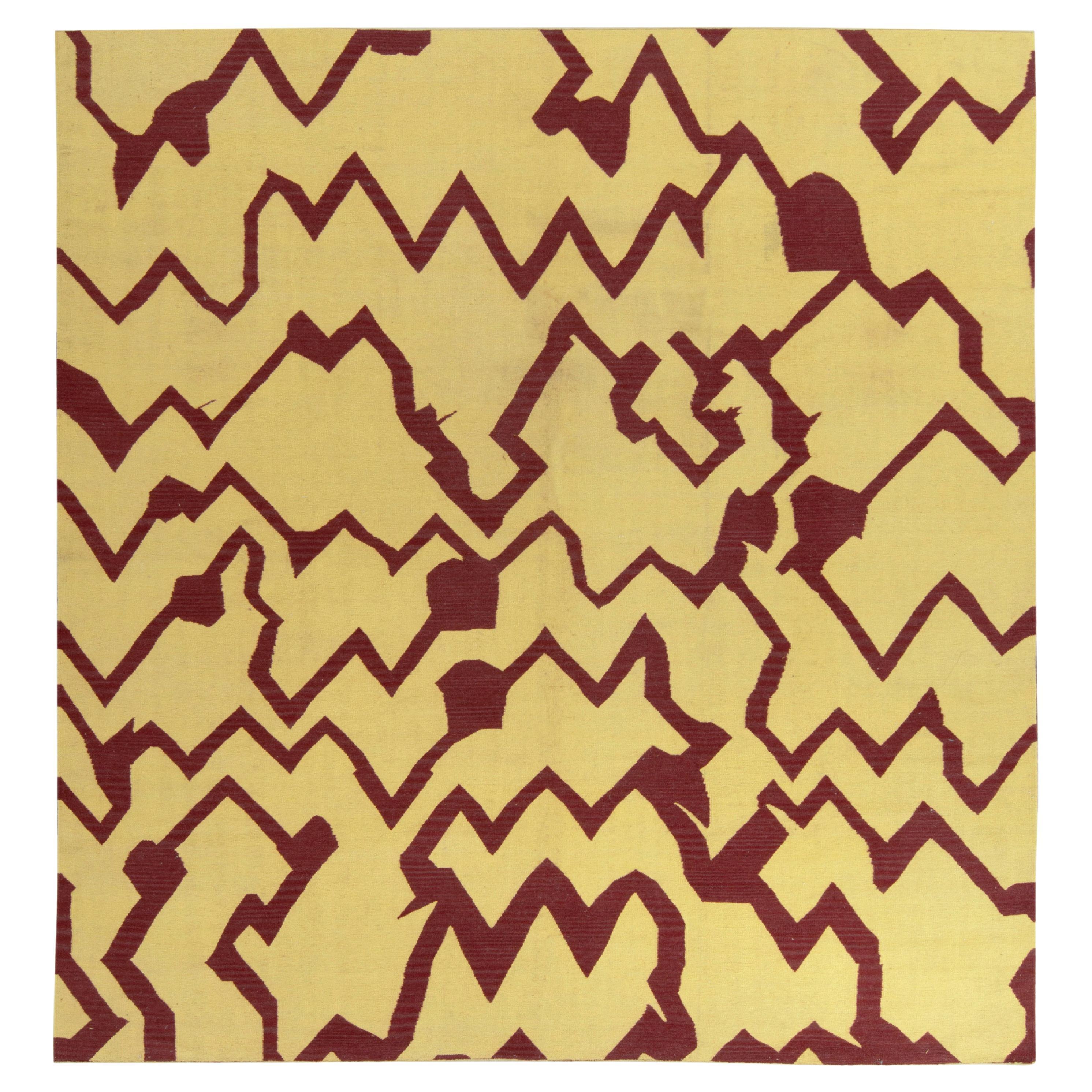 Rug & Kilim's Contemporary Dhurrie Flatweave, Yellow, Maroon Geometric Pattern For Sale