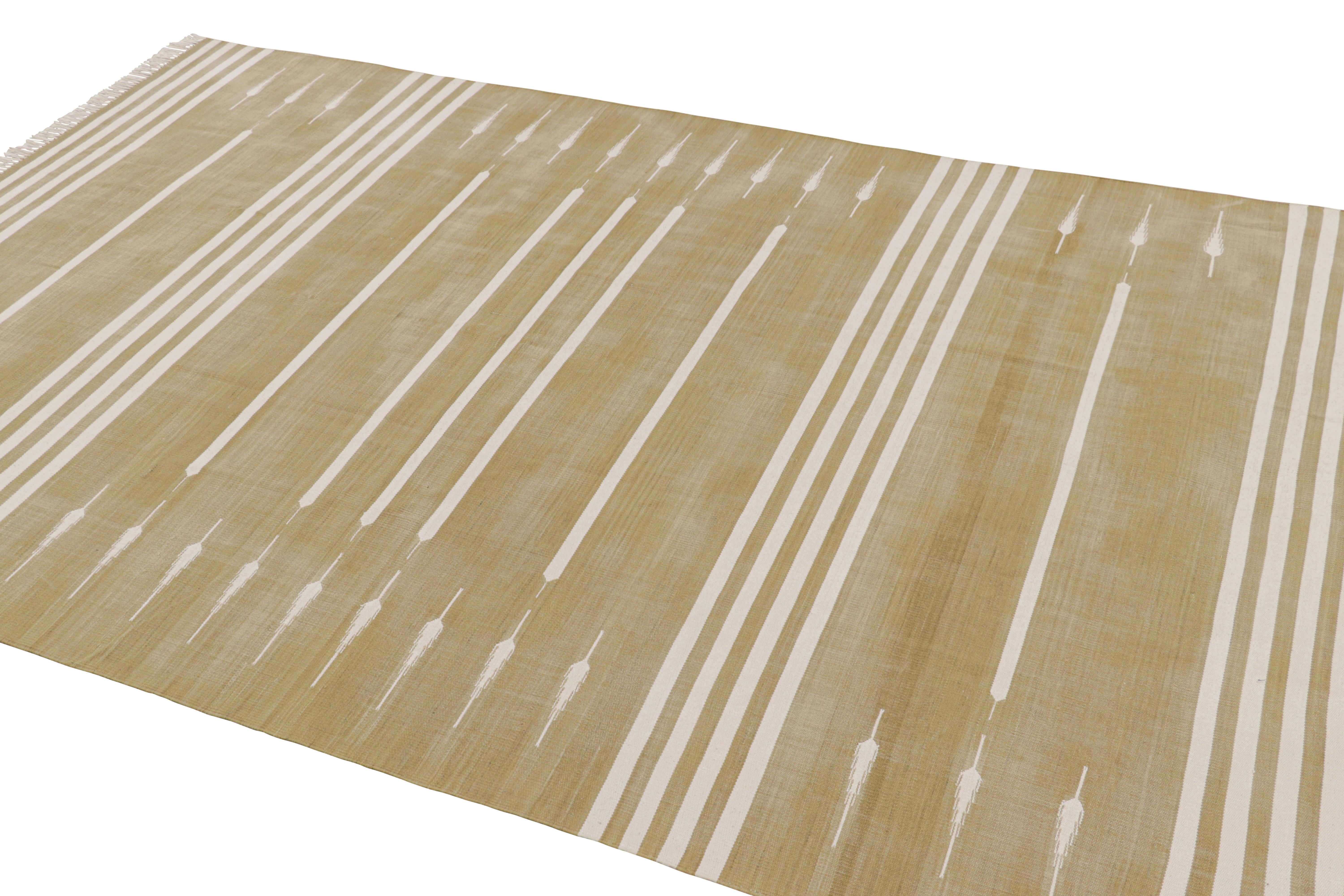 Indian Rug & Kilim’s Contemporary Dhurrie Rug in Beige and White Stripes For Sale