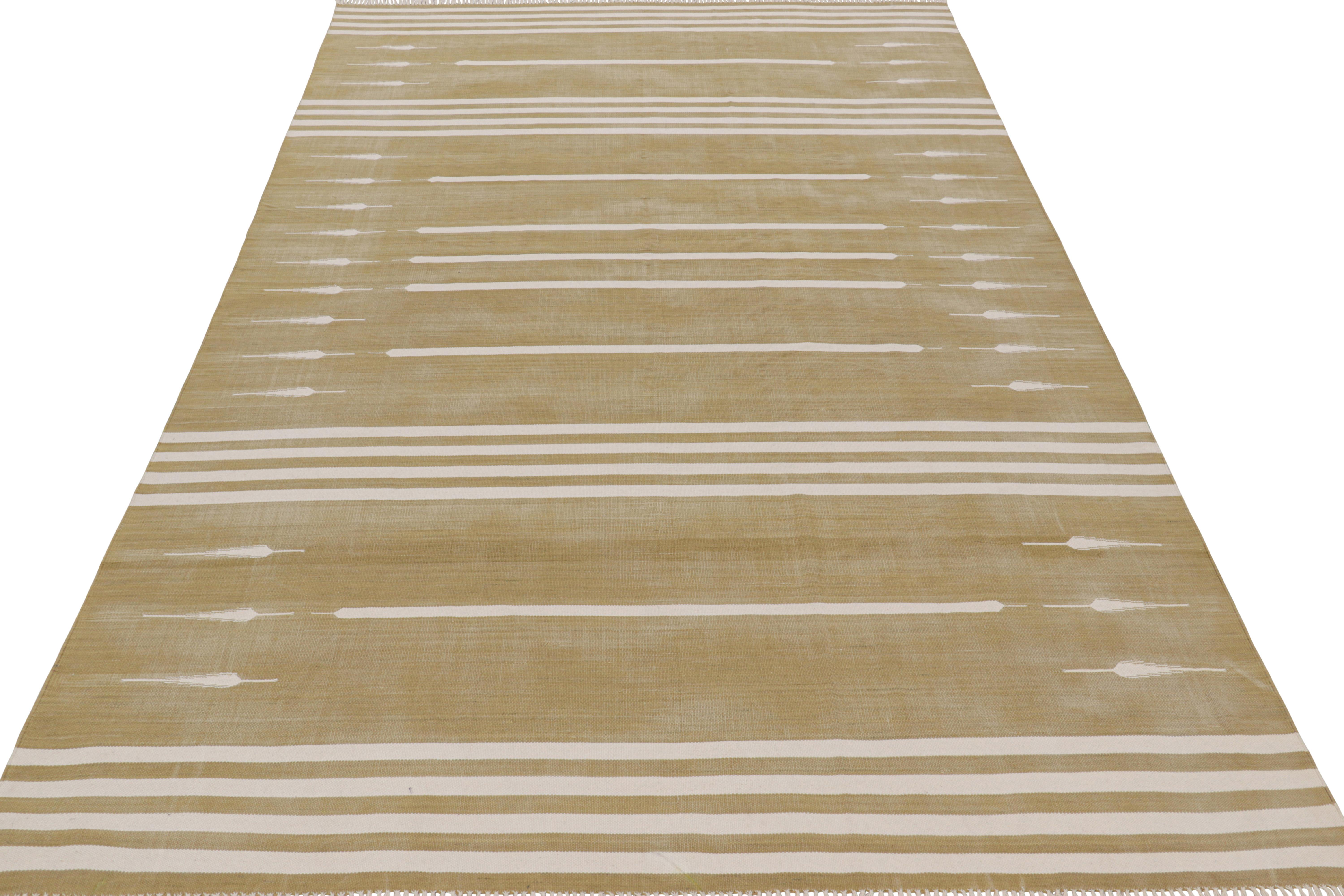 Hand-Woven Rug & Kilim’s Contemporary Dhurrie Rug in Beige and White Stripes For Sale
