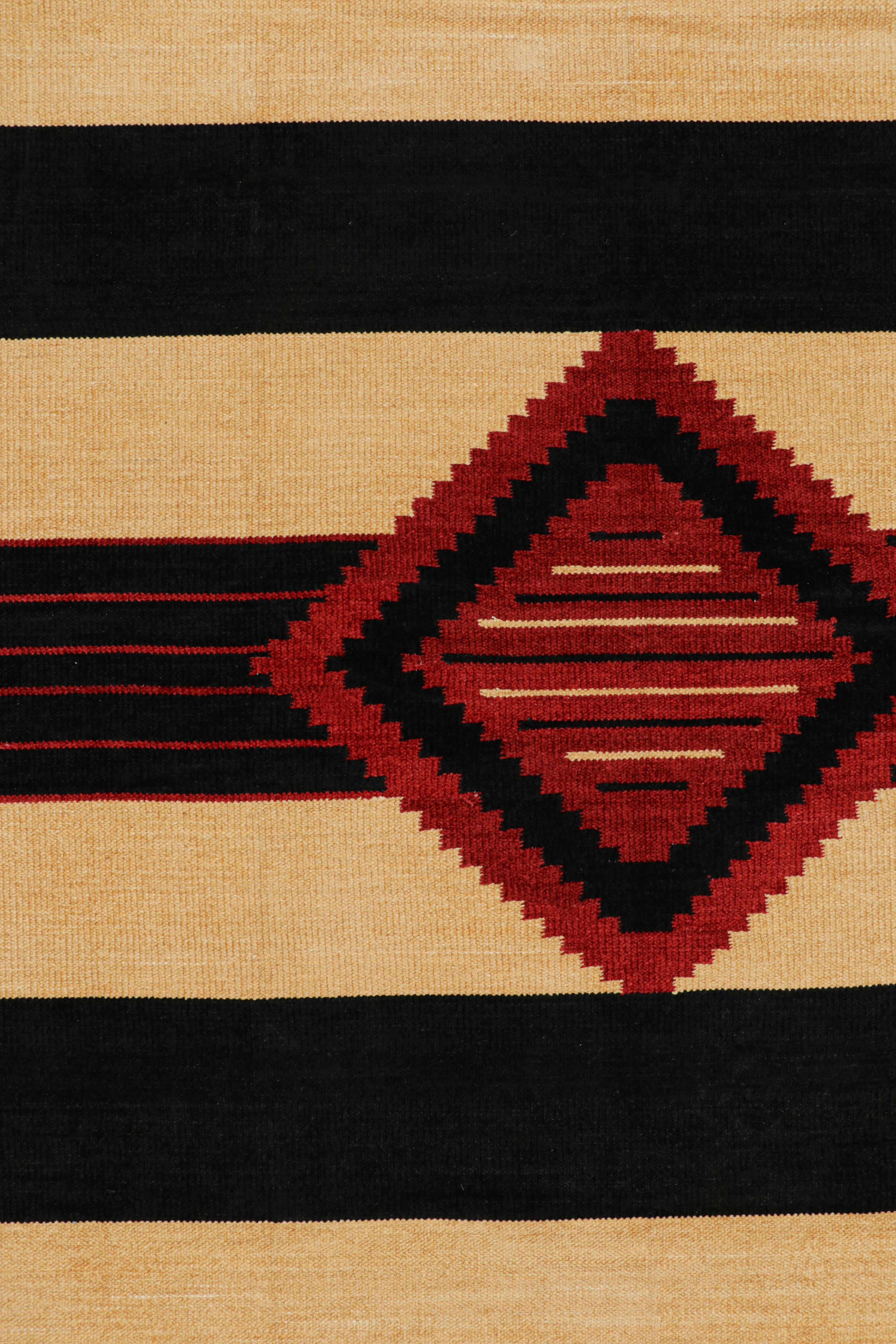 Modern Rug & Kilim’s Contemporary Dhurrie Rug in Black and Red Medallions and Stripes For Sale