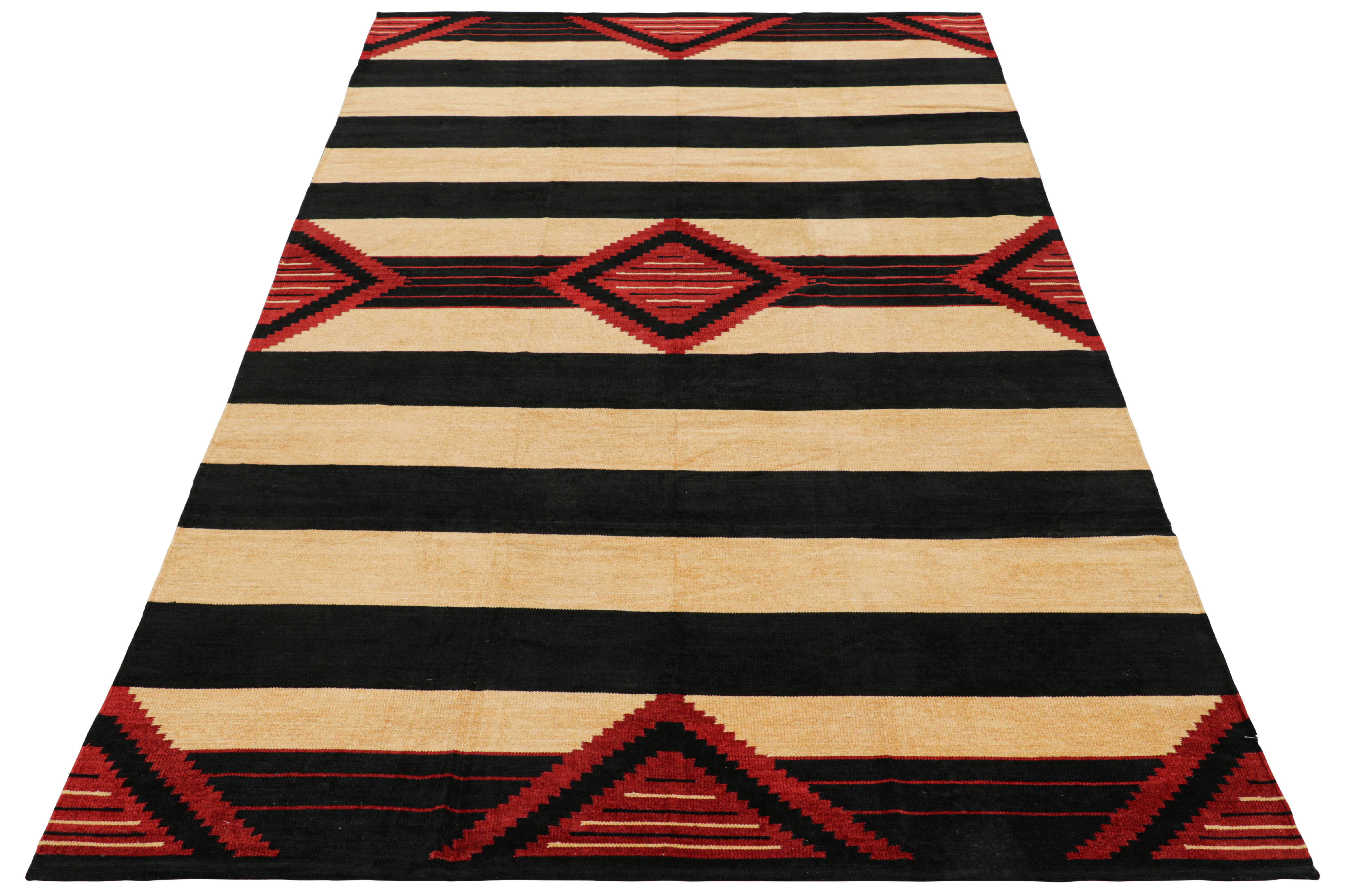 Hand-Woven Rug & Kilim’s Contemporary Dhurrie Rug in Black and Red Medallions and Stripes For Sale