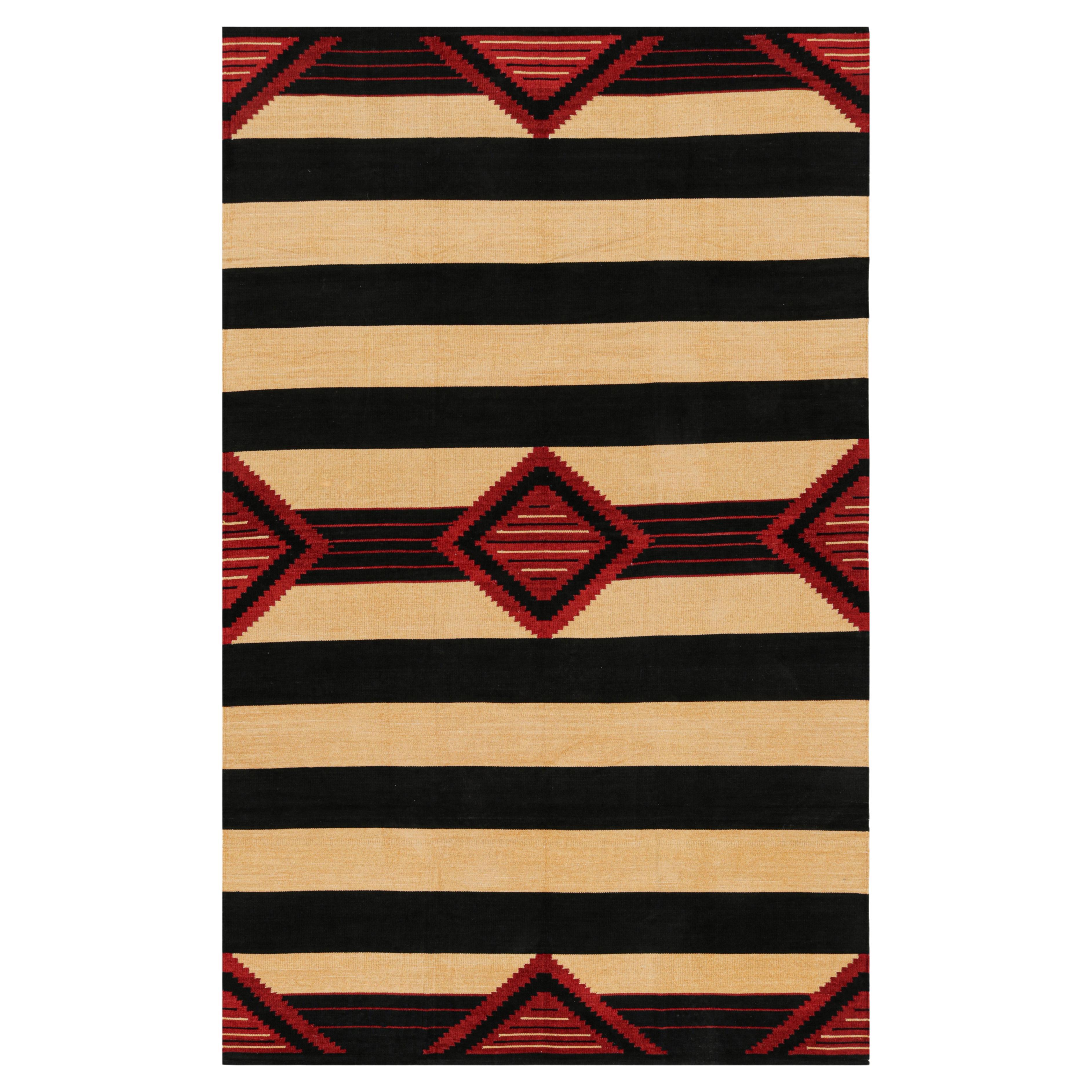 Rug & Kilim’s Contemporary Dhurrie Rug in Black and Red Medallions and Stripes For Sale