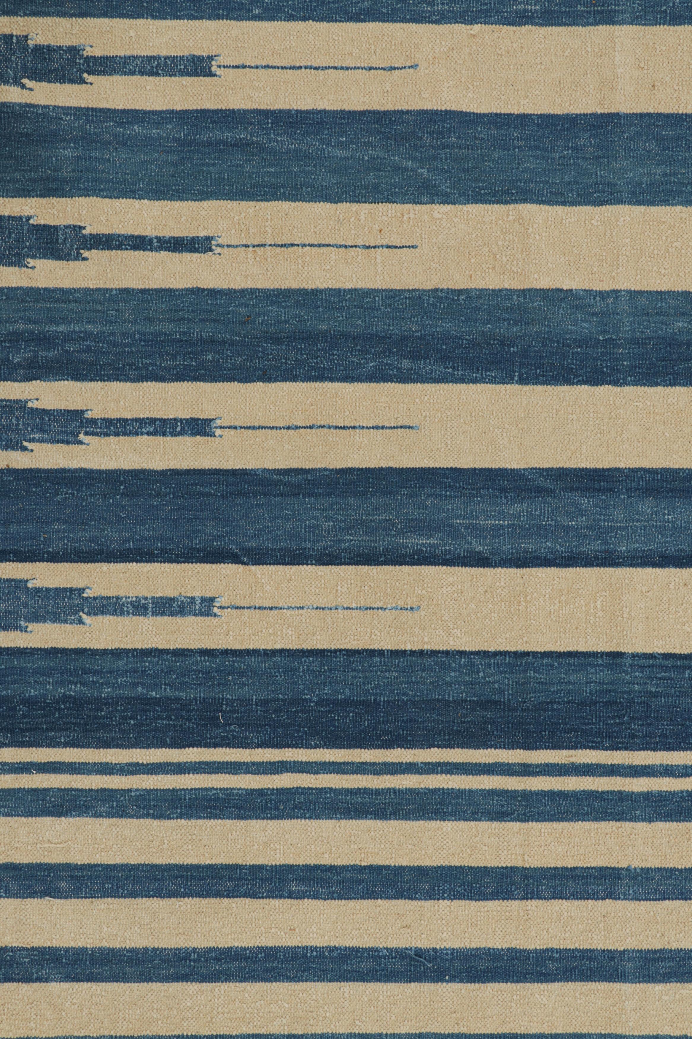 Modern Rug & Kilim’s Contemporary Dhurrie Rug in Blue and Beige Stripes For Sale