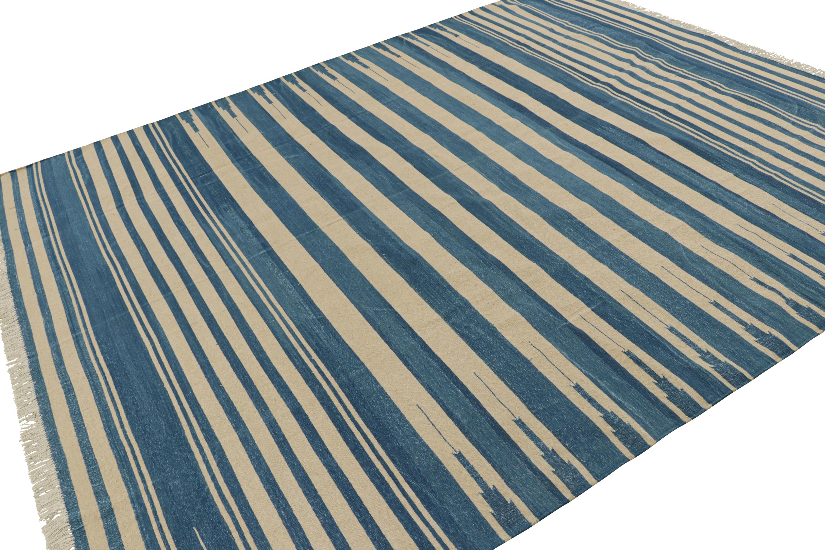 Indian Rug & Kilim’s Contemporary Dhurrie Rug in Blue and Beige Stripes For Sale