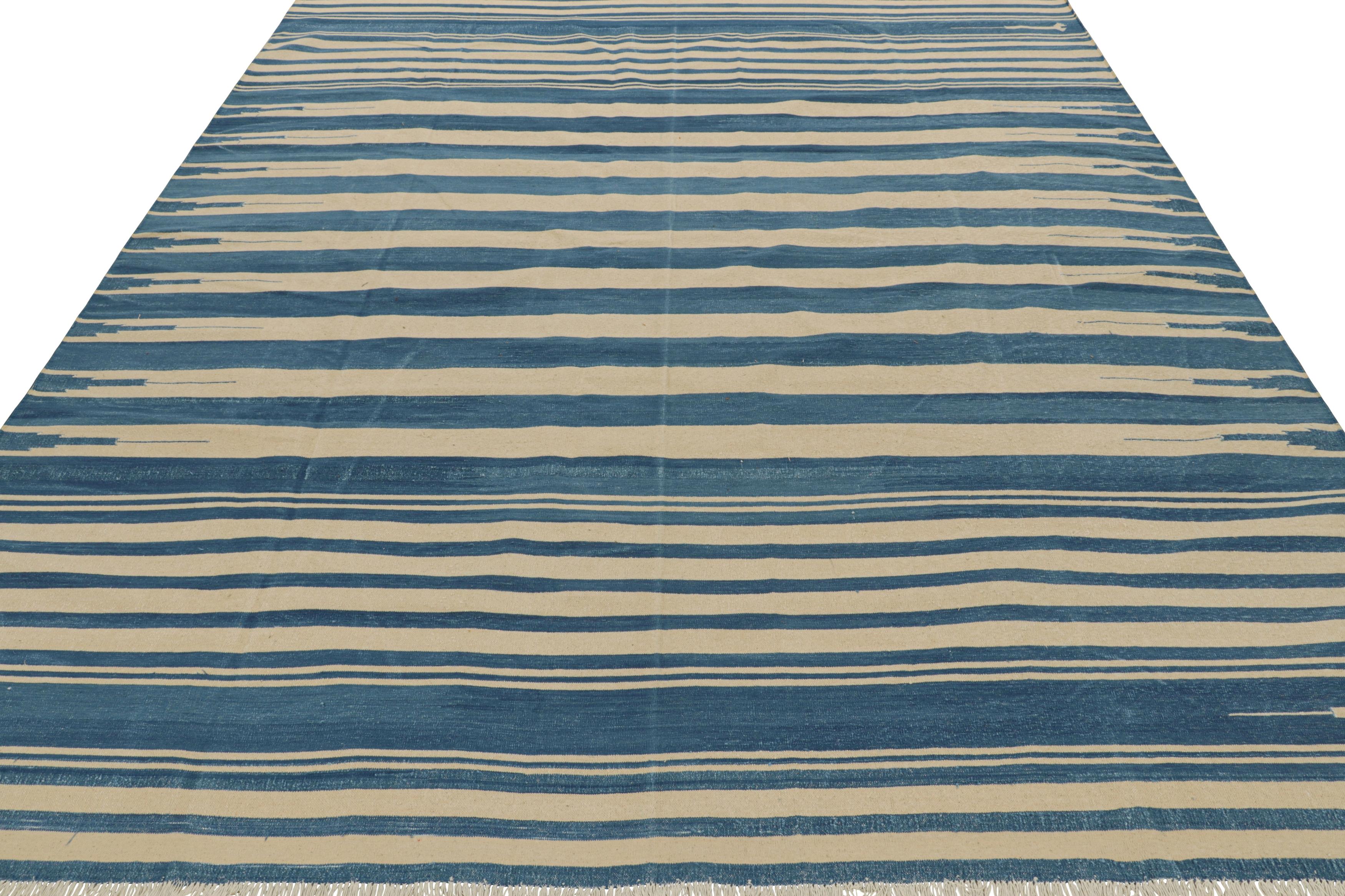 Hand-Woven Rug & Kilim’s Contemporary Dhurrie Rug in Blue and Beige Stripes For Sale