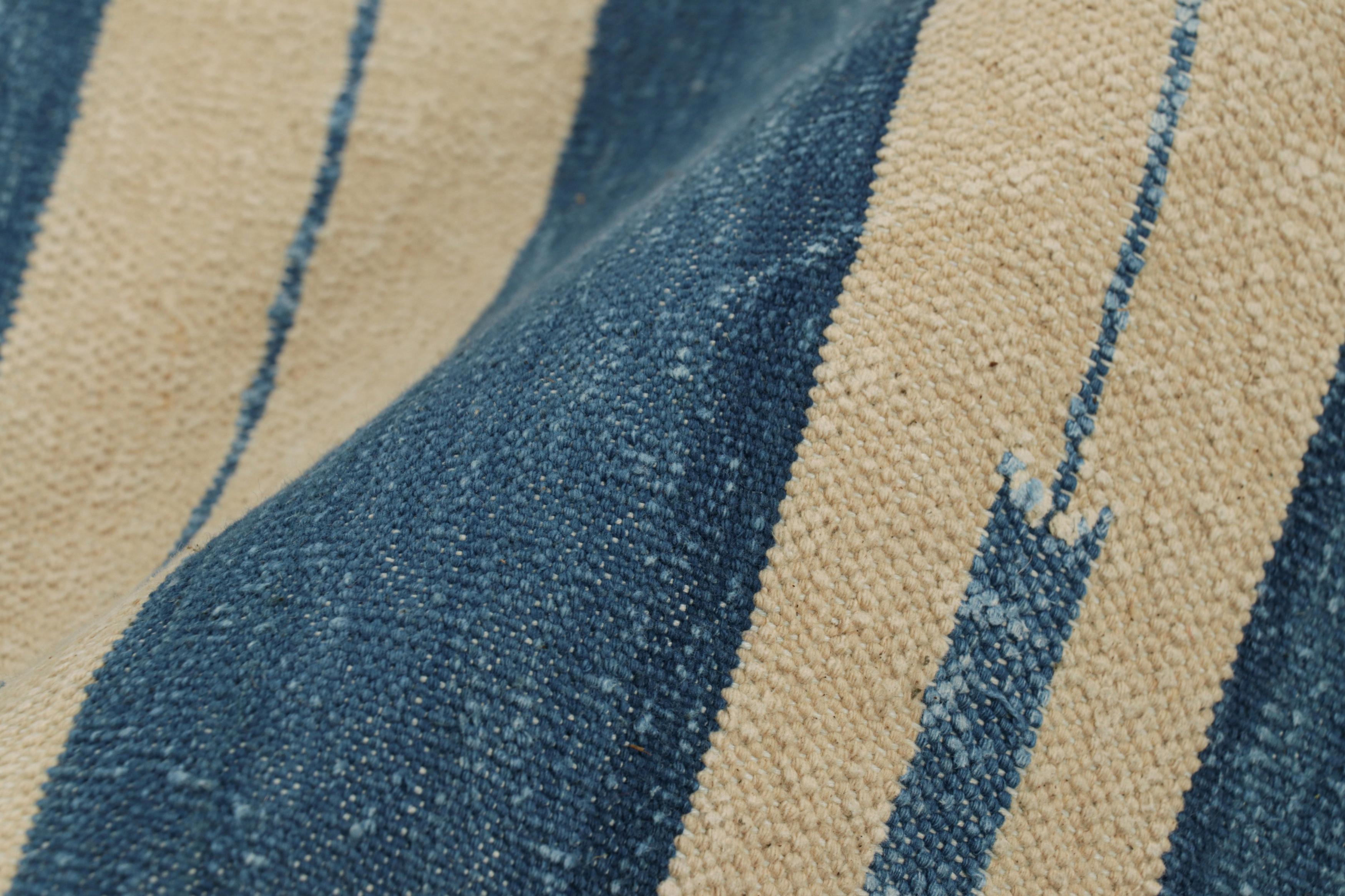 Cotton Rug & Kilim’s Contemporary Dhurrie Rug in Blue and Beige Stripes For Sale