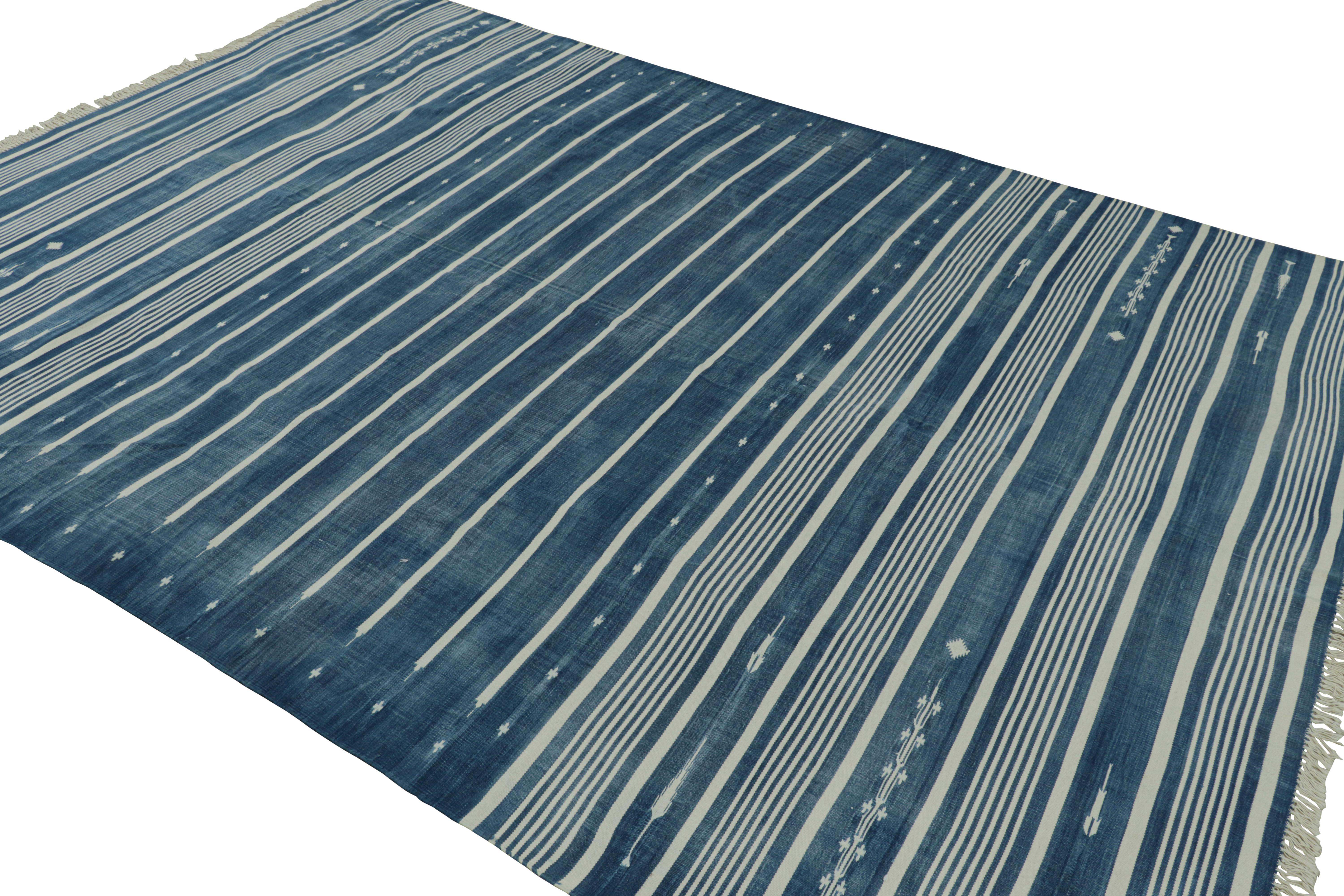 Indian Rug & Kilim’s Contemporary Dhurrie Rug in Blue and Off-White Stripes For Sale