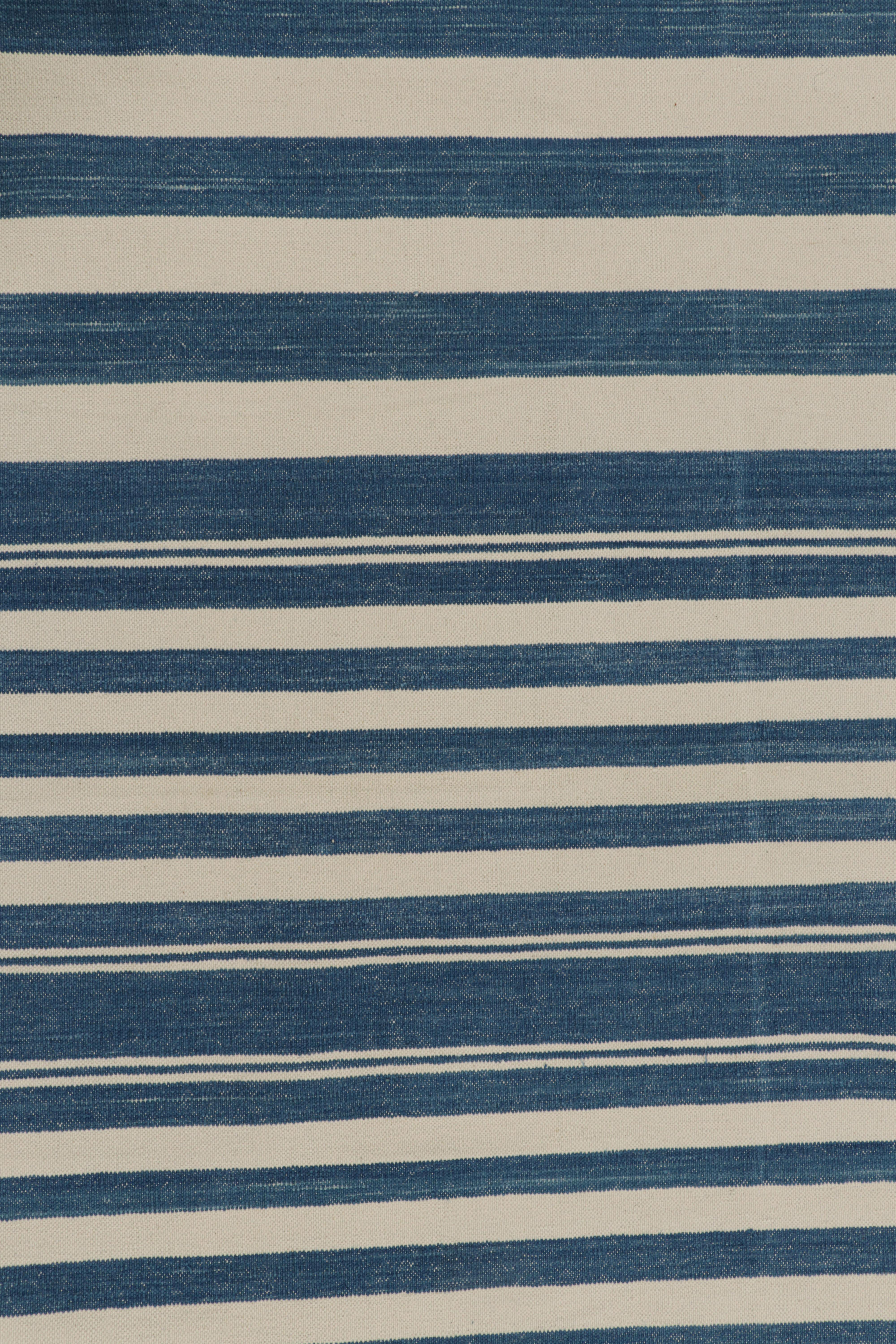 Modern Rug & Kilim’s Contemporary Dhurrie Rug in Blue and White Stripes For Sale