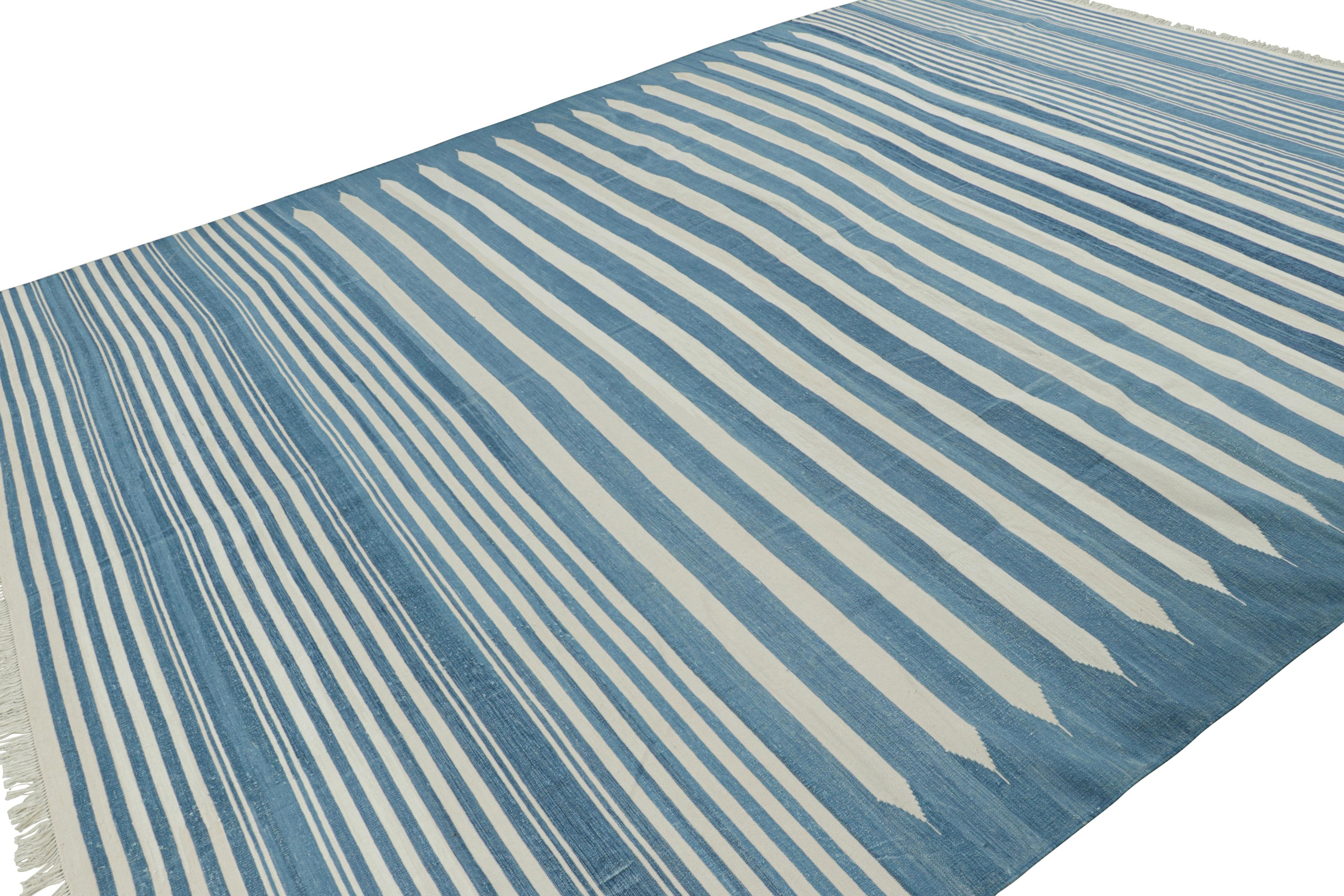 Indian Rug & Kilim’s Contemporary Dhurrie Rug in Blue and White Stripes For Sale