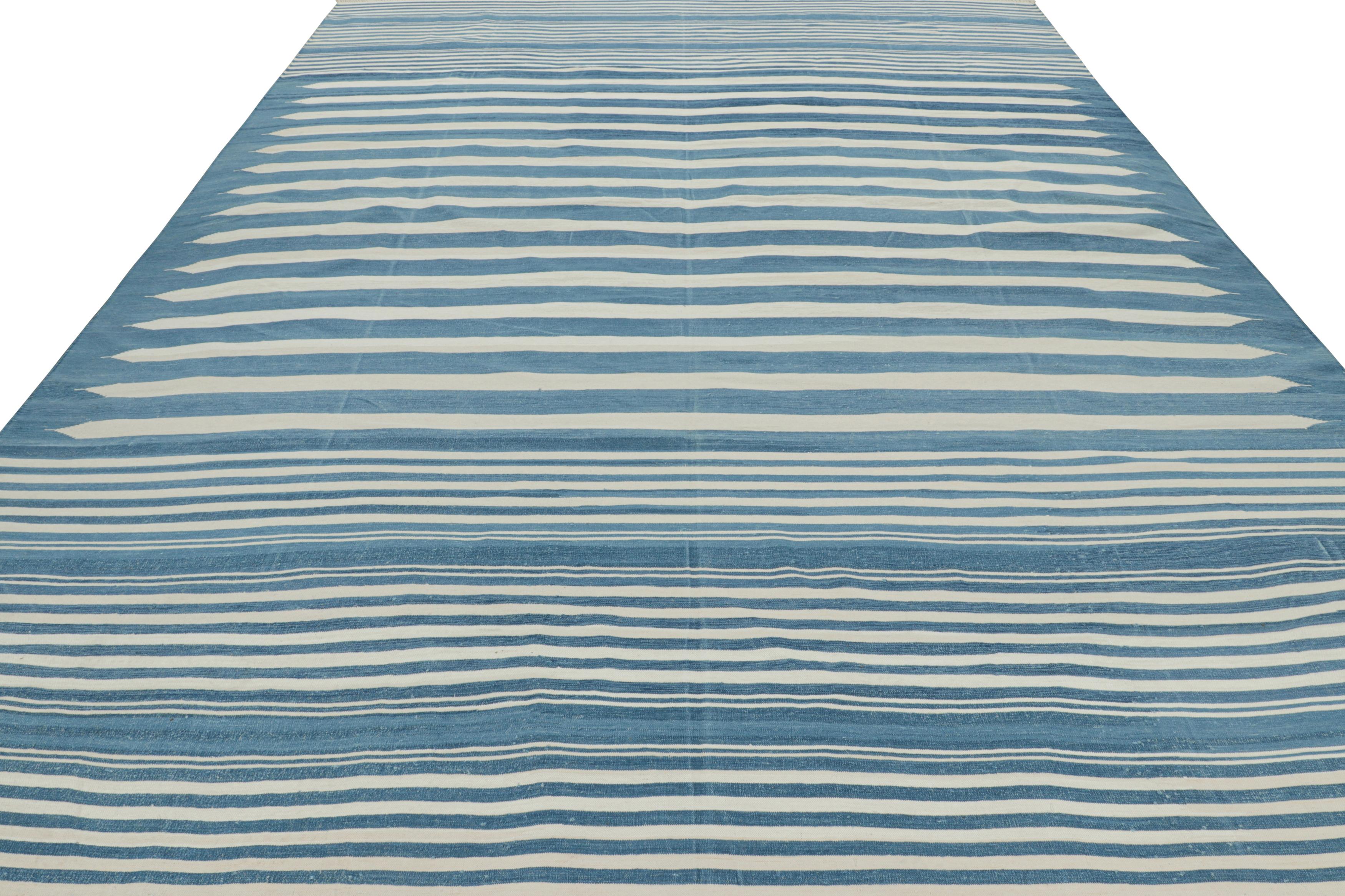 Hand-Woven Rug & Kilim’s Contemporary Dhurrie Rug in Blue and White Stripes For Sale