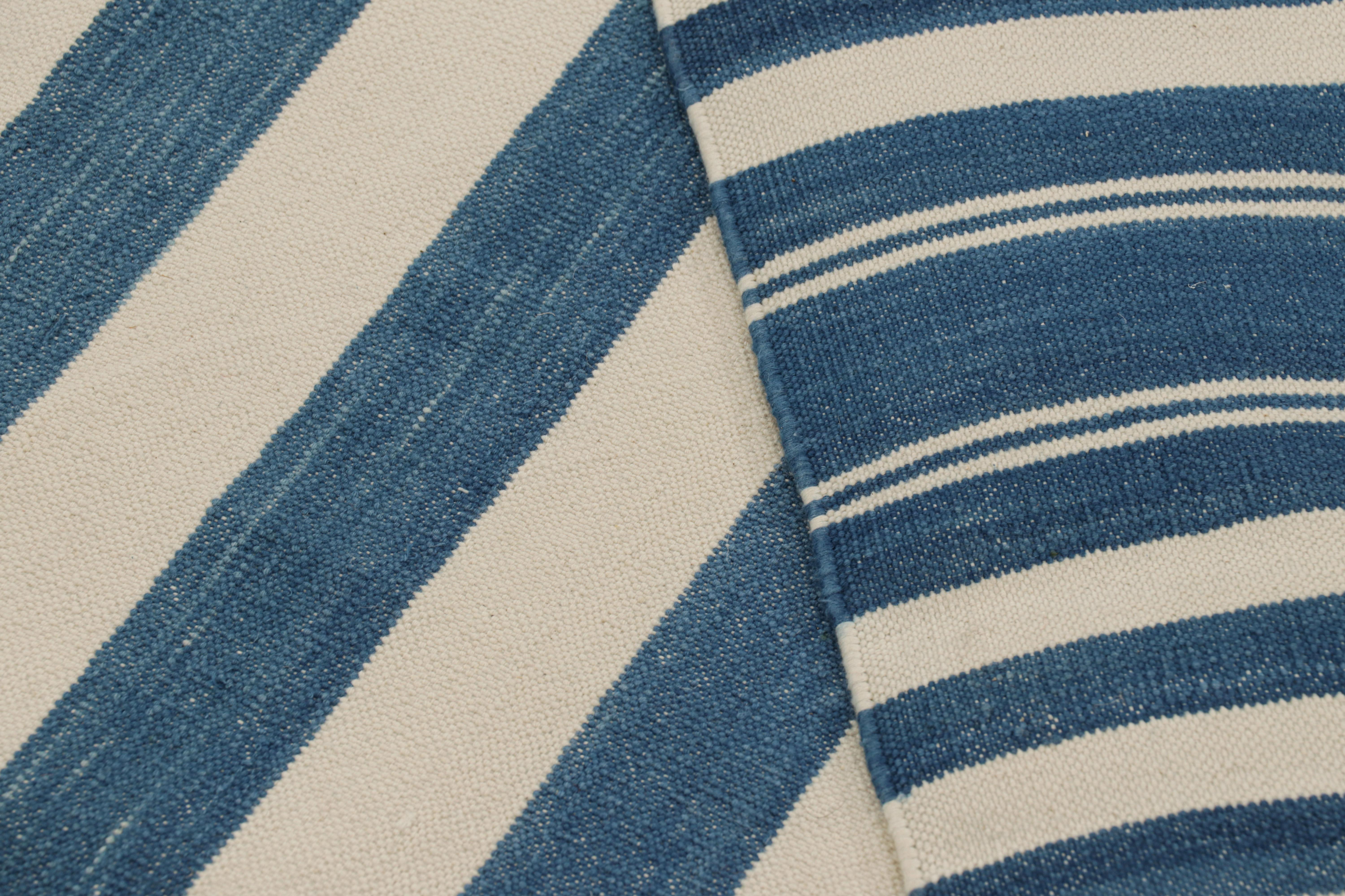 Cotton Rug & Kilim’s Contemporary Dhurrie Rug in Blue and White Stripes For Sale